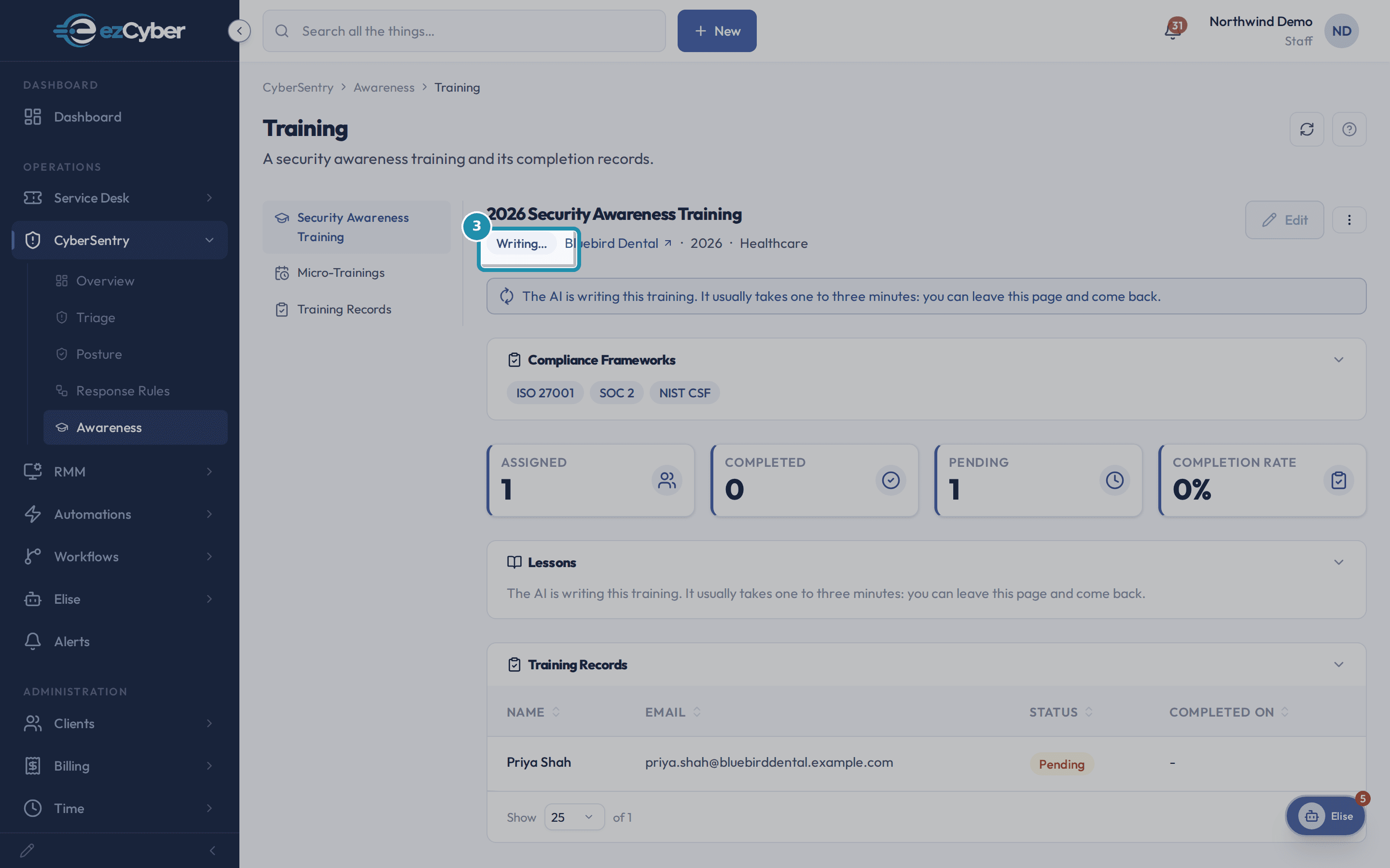 The training detail page with the Writing status pill boxed.