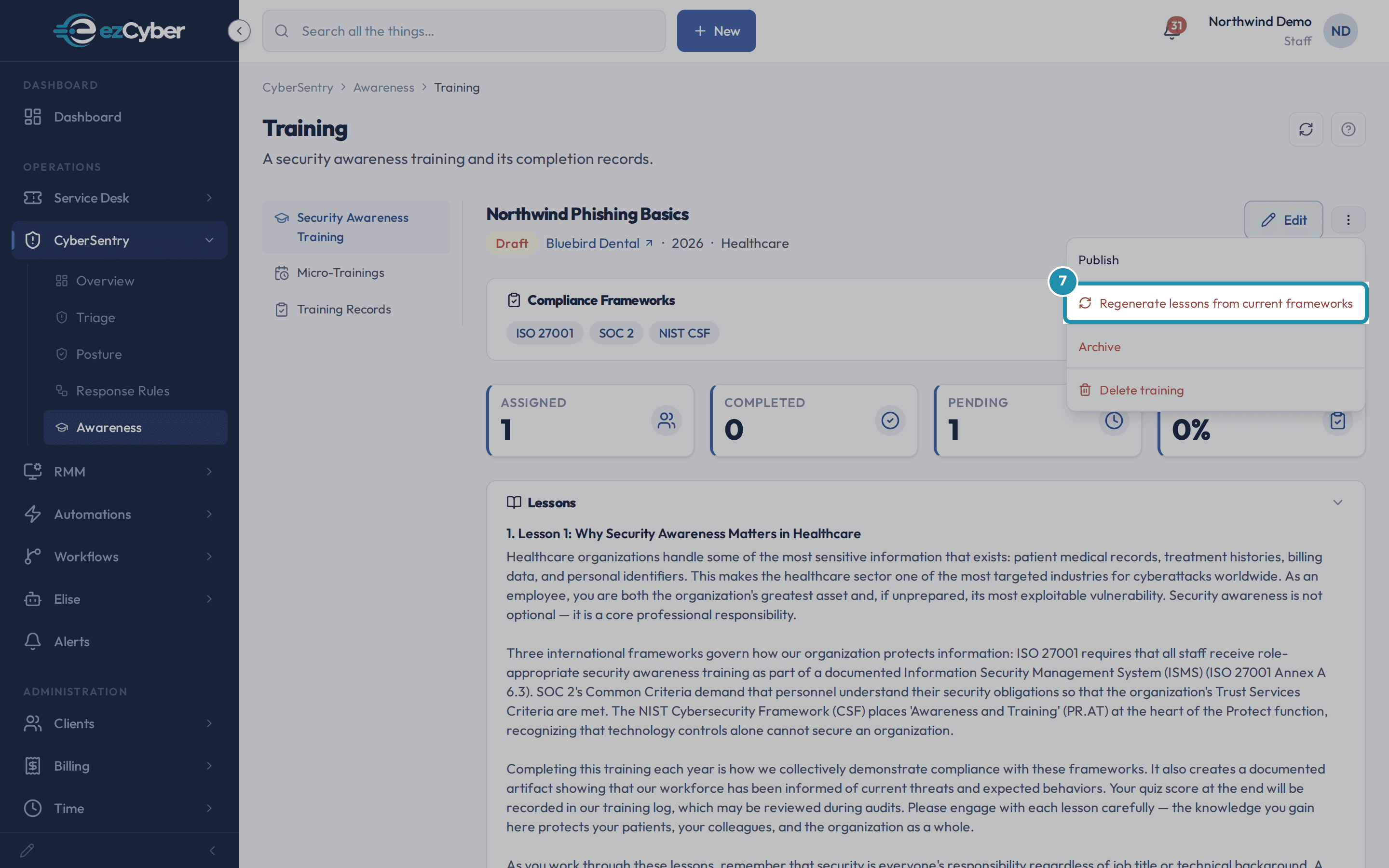 The training's actions menu open, with Regenerate lessons from current frameworks boxed.