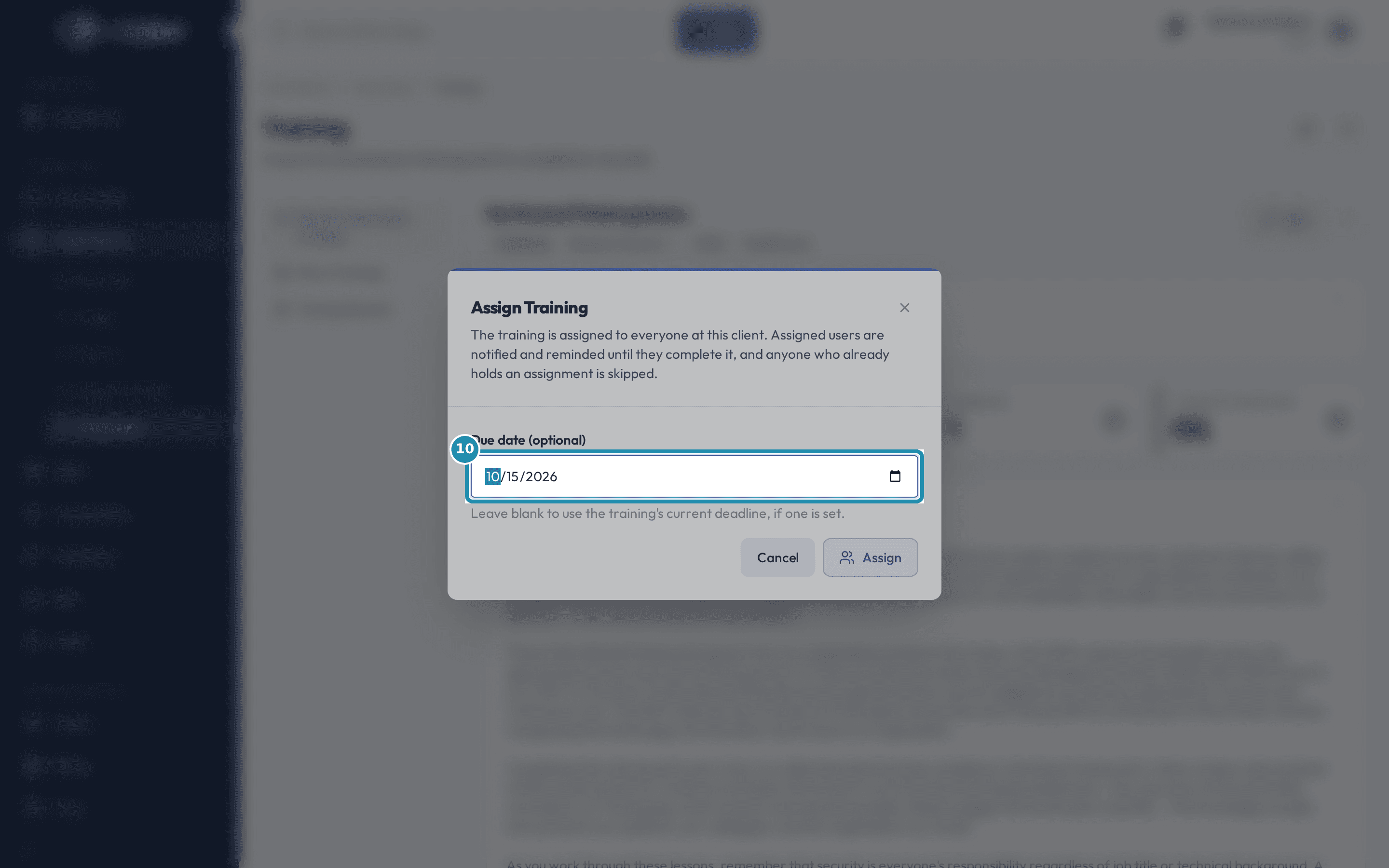 The Assign Training dialog with the due date field filled in and boxed.