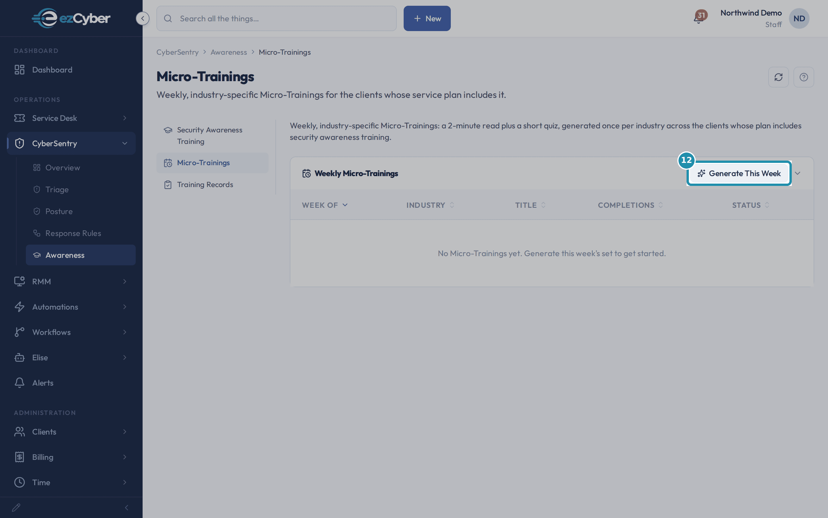 The empty Micro-Trainings list with the Generate This Week button boxed.