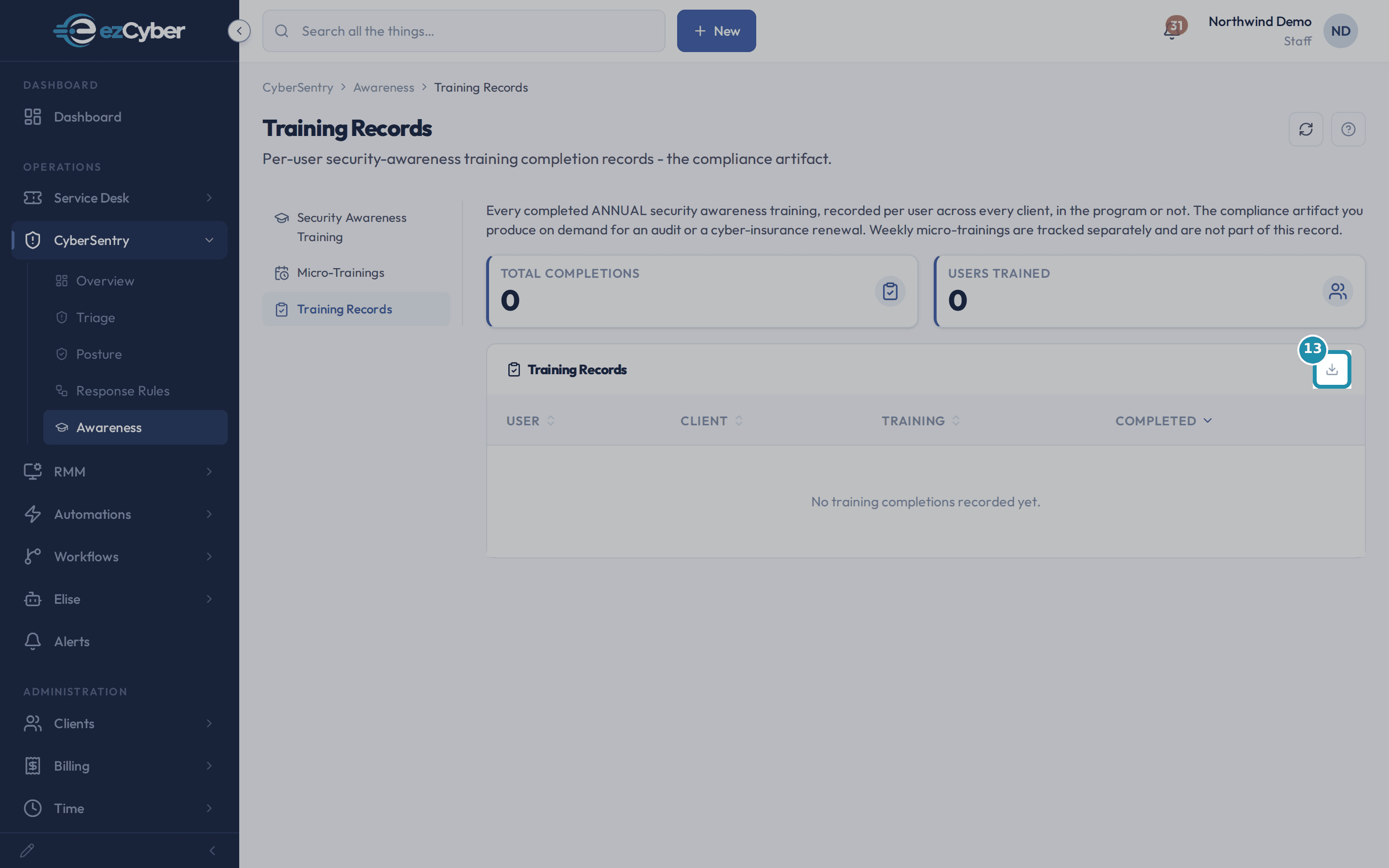 The fleet-wide Training Records page with the export/download icon boxed.