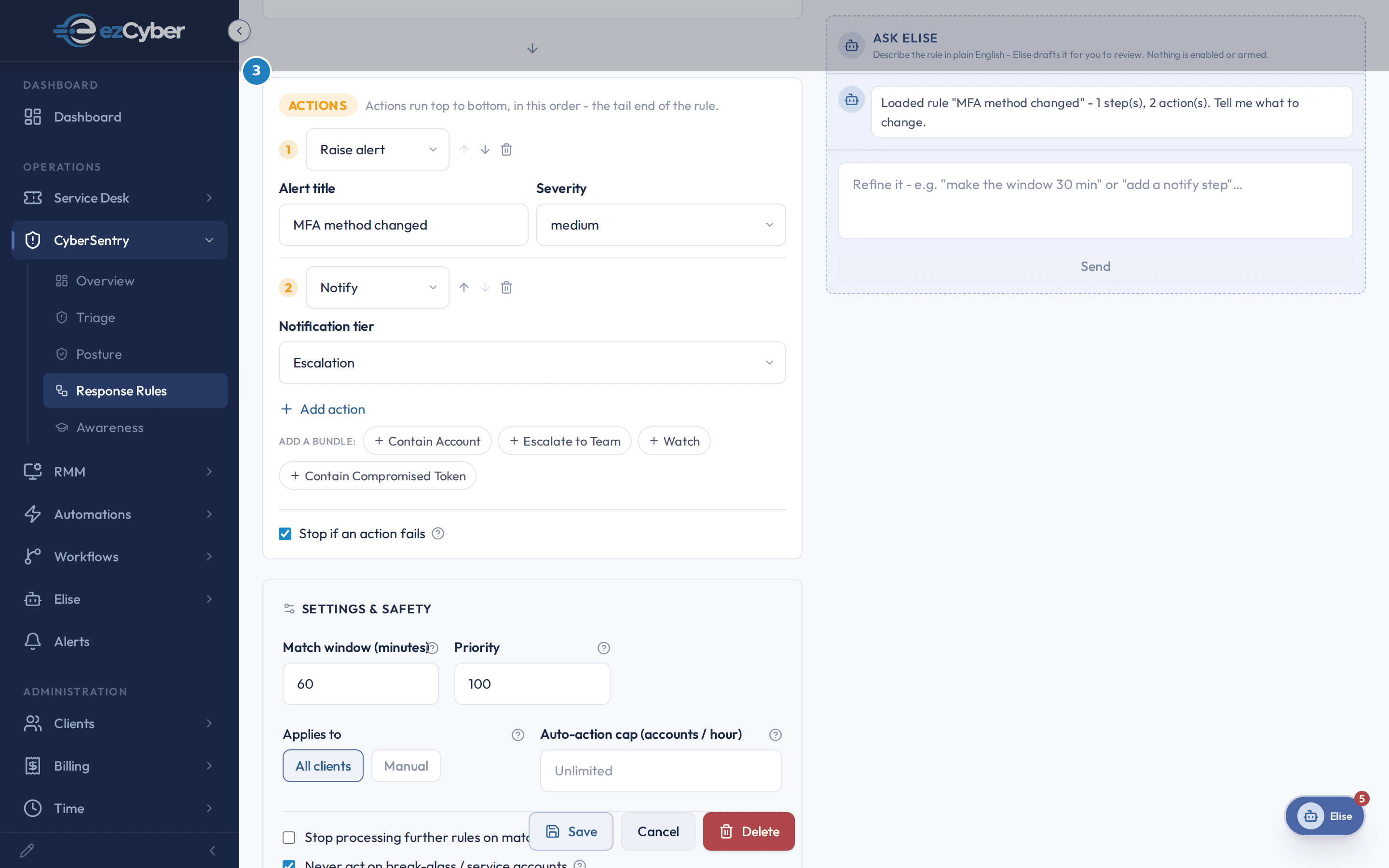 The ACTIONS card on the MFA method changed rule: a Raise alert action and a Notify action stacked in order, four bundle buttons (Contain Account, Escalate to Team, Watch, Contain Compromised Token), and a checked Stop if an action fails box.