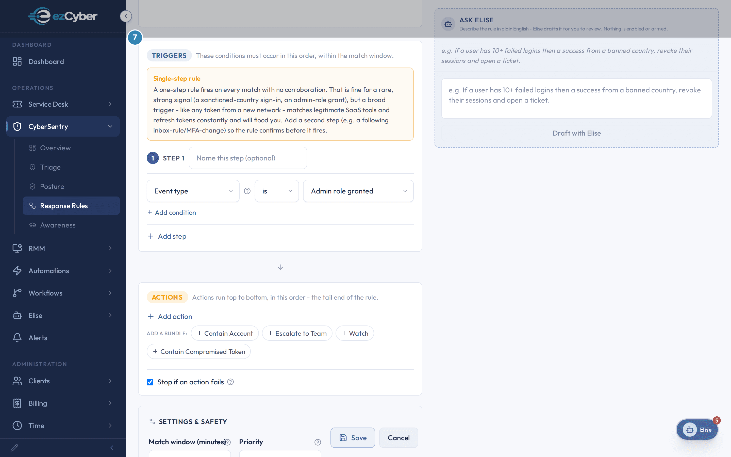 The TRIGGERS card with STEP 1 set to Event type is Admin role granted, the Single-step rule caution box above it.