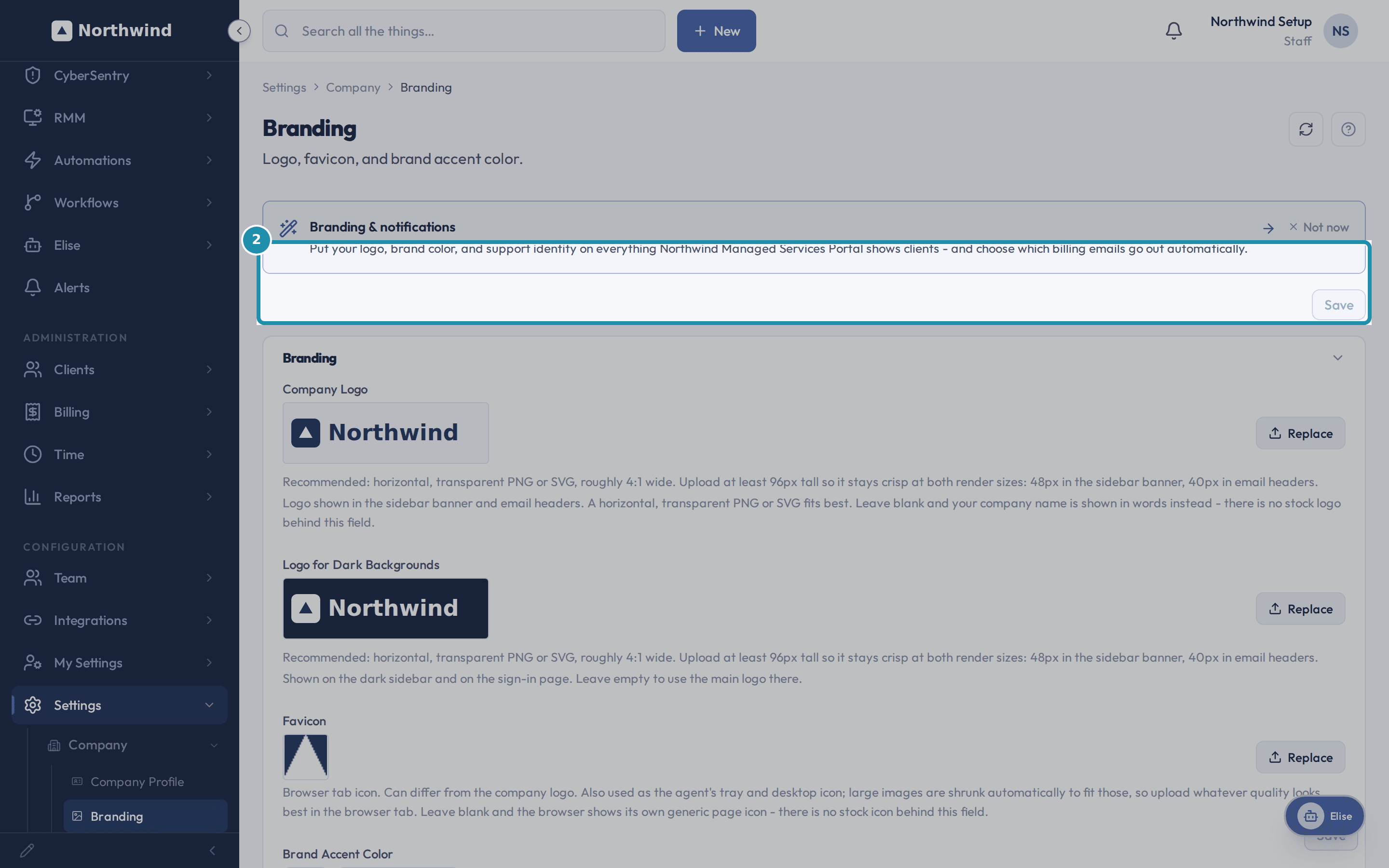 The Branding settings page, with its heading and the "Branding & notifications" wizard prompt highlighted.