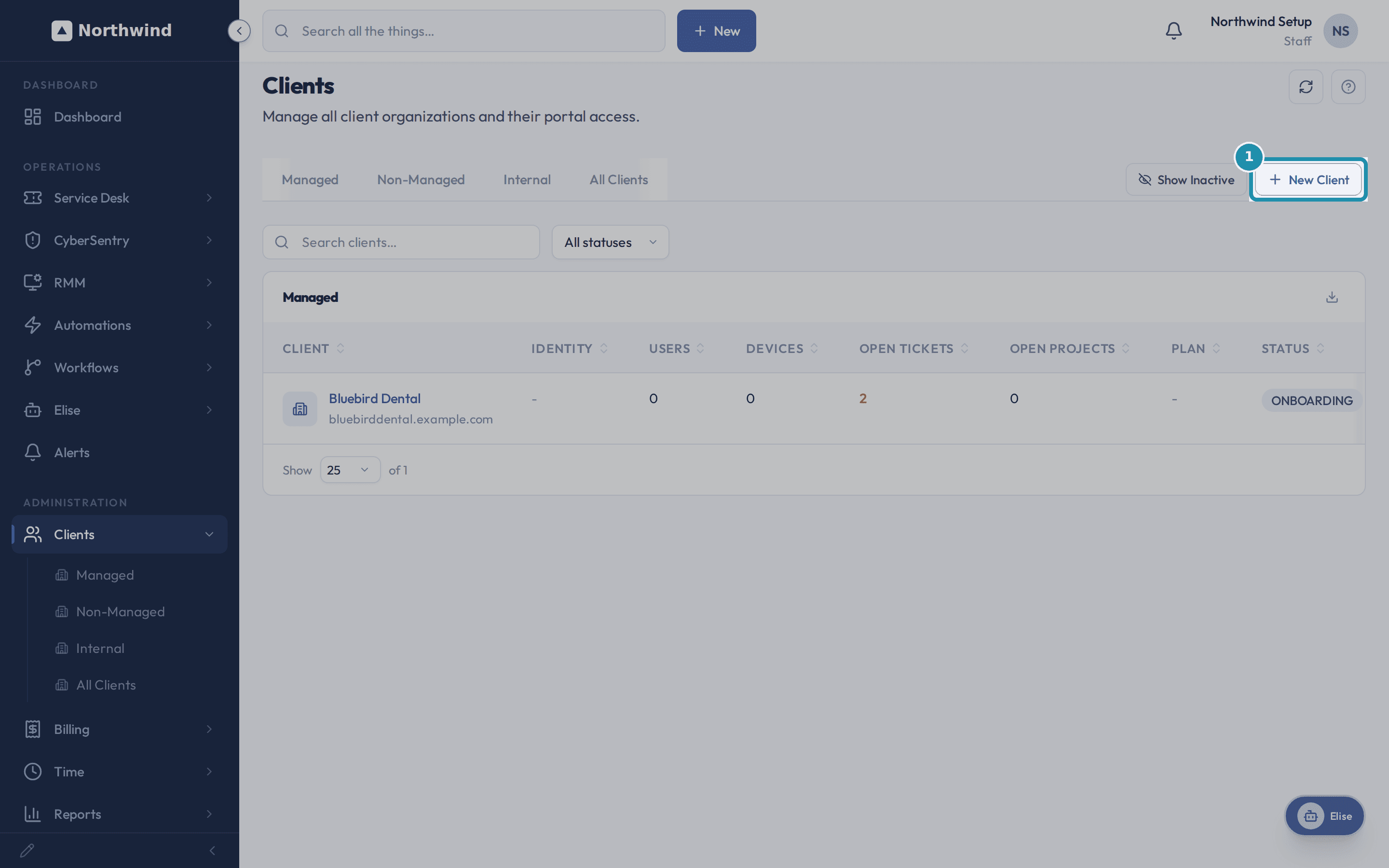 The Clients list showing Bluebird Dental, with the "+ New Client" button at the top right.