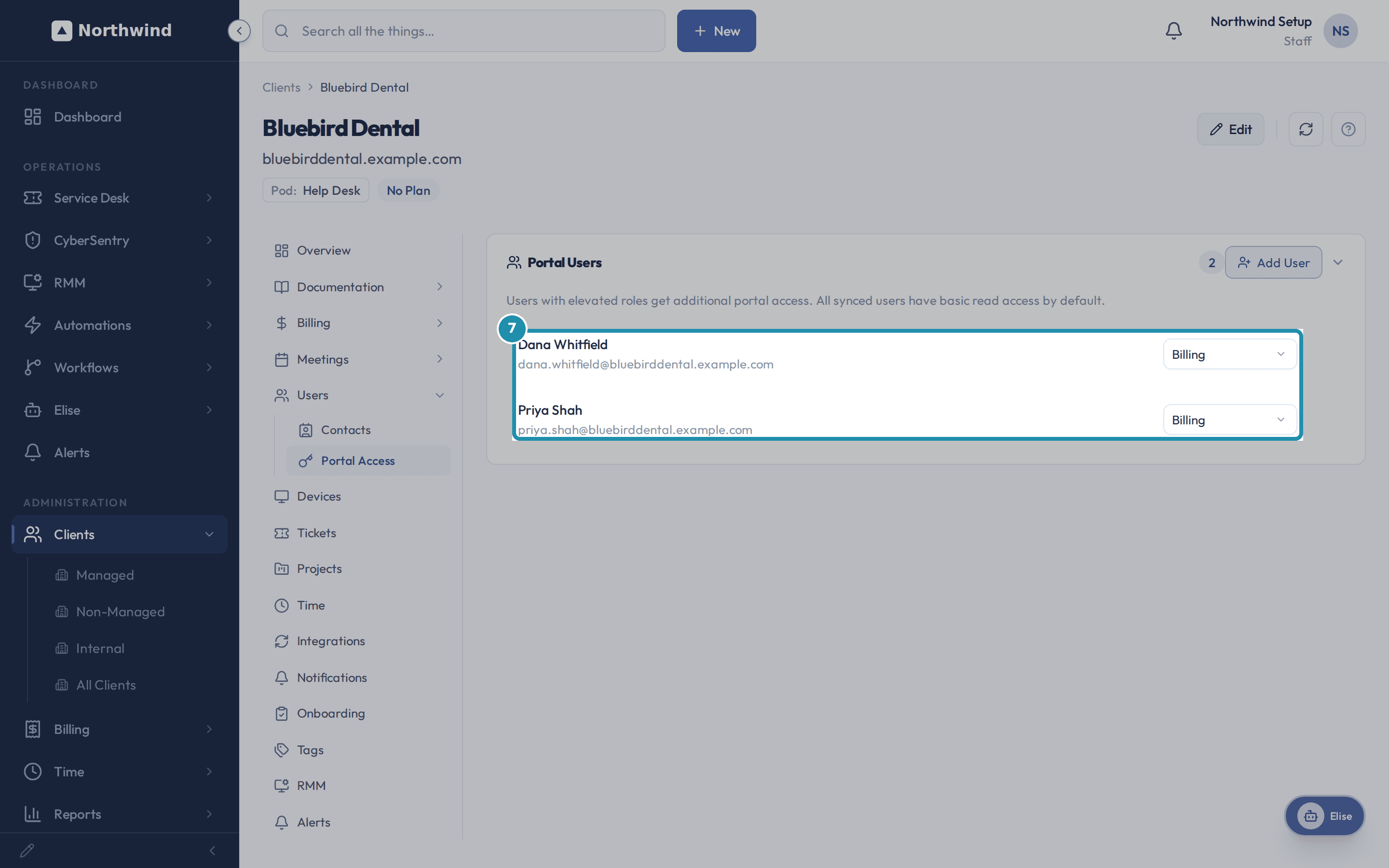 The Portal Access tab now listing Dana Whitfield and Priya Shah, each with a role dropdown set to Billing.