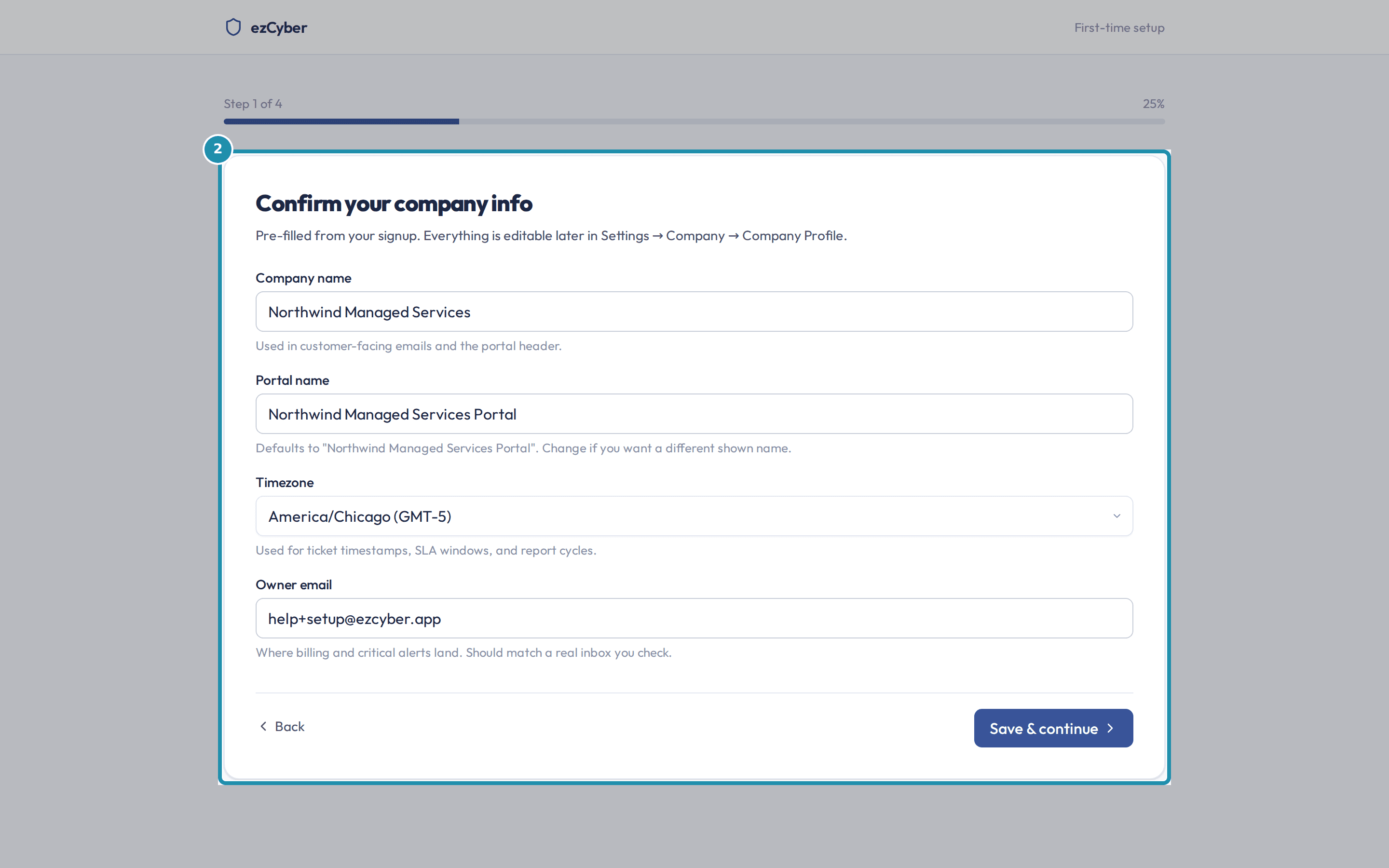 The company info step with Company name, Portal name, Timezone, and Owner email fields, and Save & continue below.