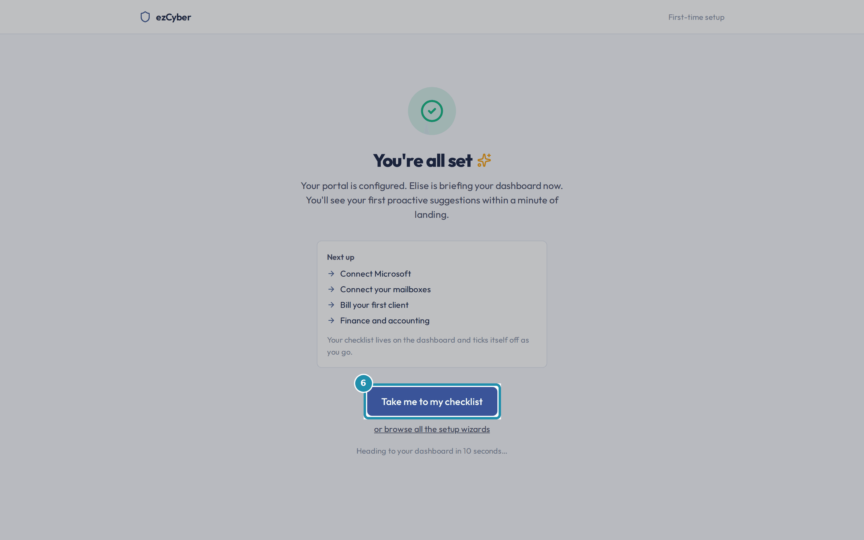 The completion screen reading "You're all set", with a Next up list and a "Take me to my checklist" button.