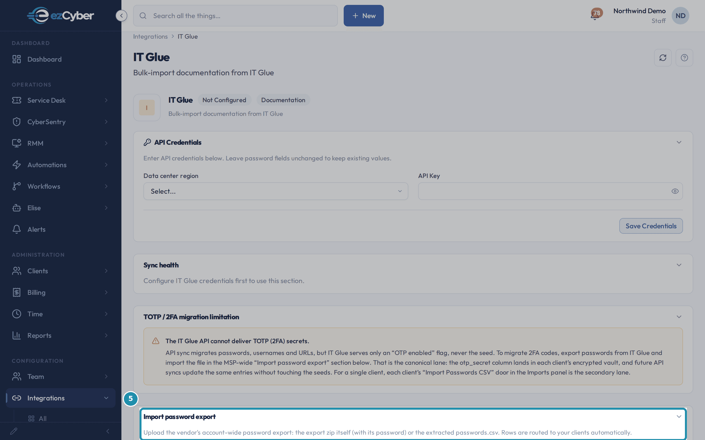 The IT Glue integration detail page with a teal outline around the Import password export card's heading and description.