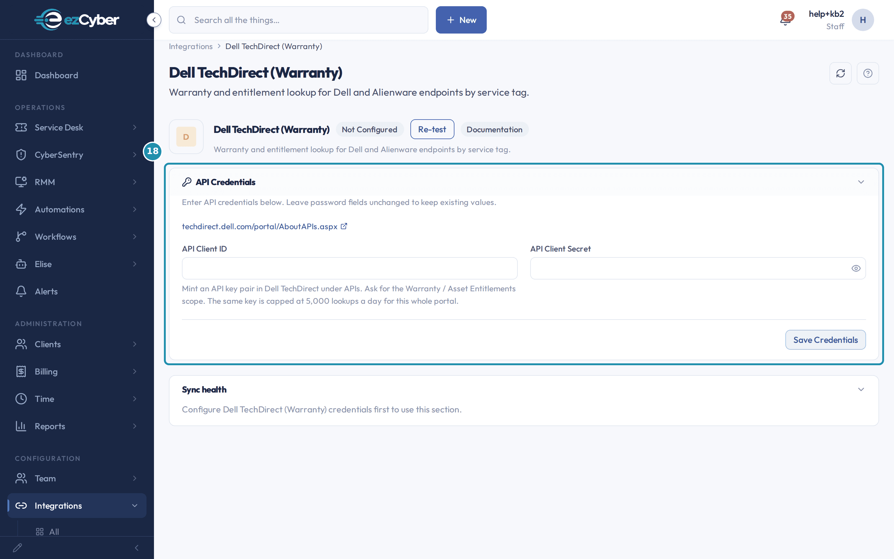 The Dell TechDirect (Warranty) integration detail page with a numbered teal badge on its API Credentials card: API Client ID, API Client Secret, and the help text about minting a key pair.