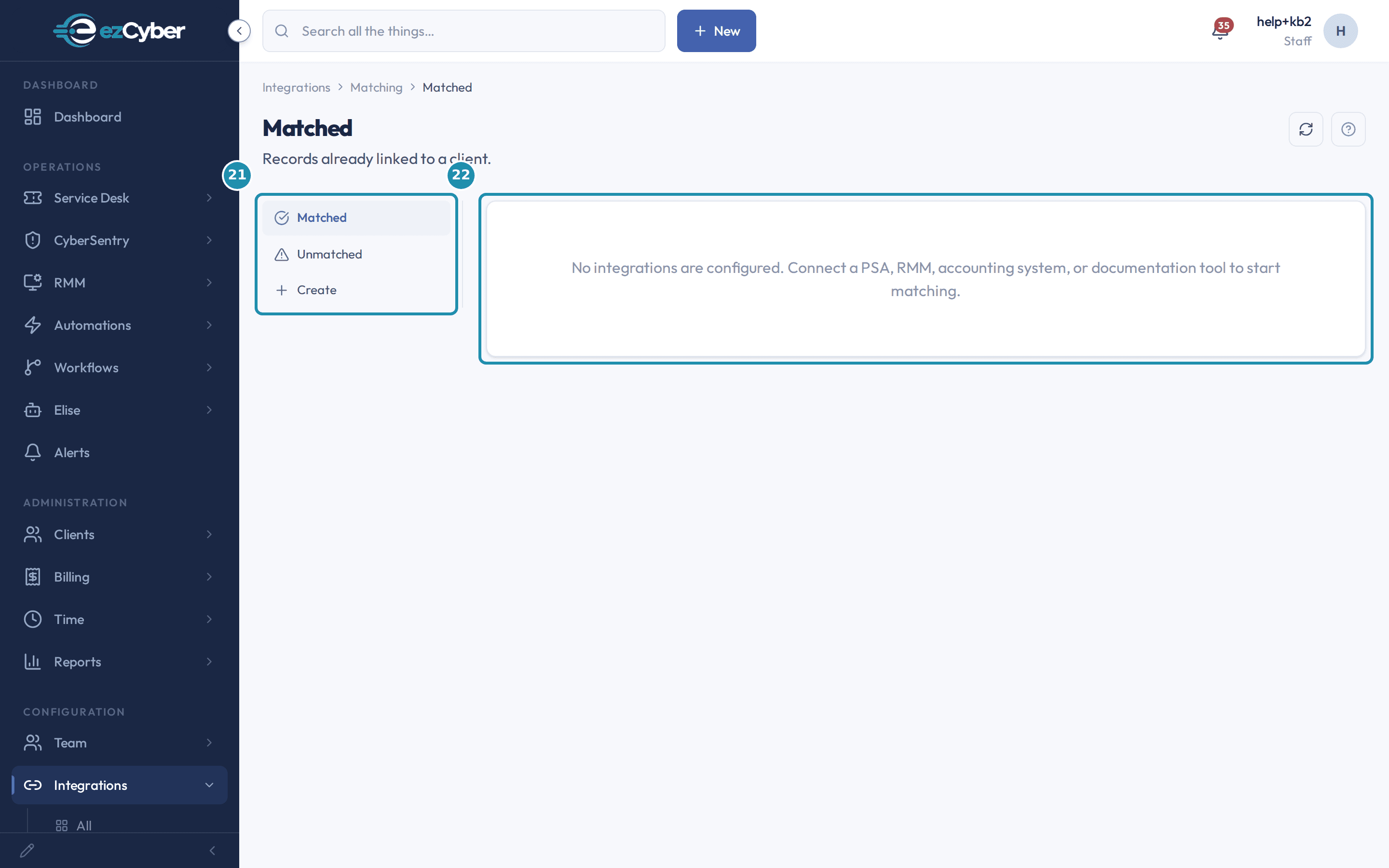 The Integrations > Matching workbench with numbered teal badges on its Matched / Unmatched / Create tab list and its content pane, showing the empty state on an instance with nothing connected yet.