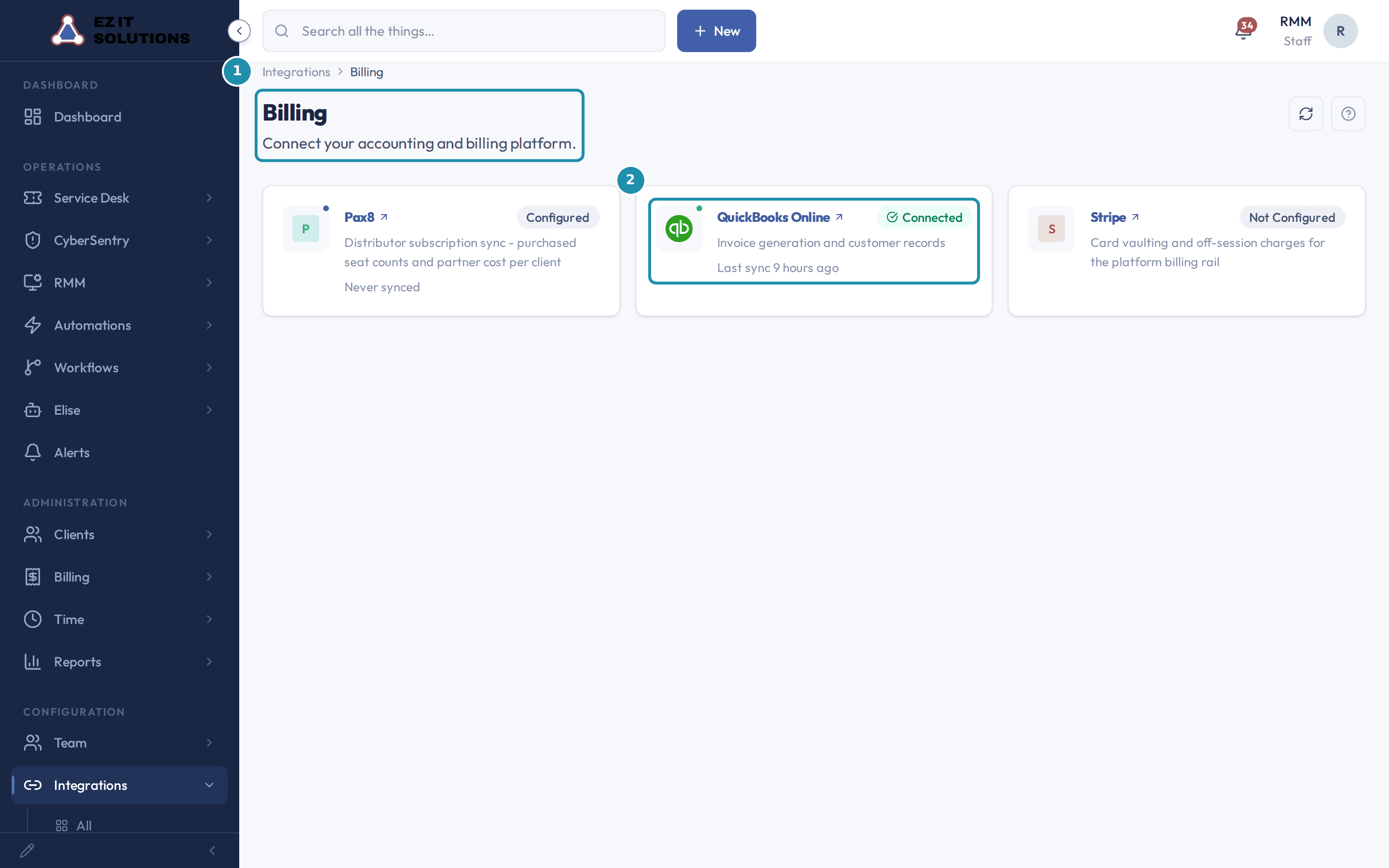 Integrations then Billing, with numbered teal badges on the page intro line and on the QuickBooks Online card reading Connected.