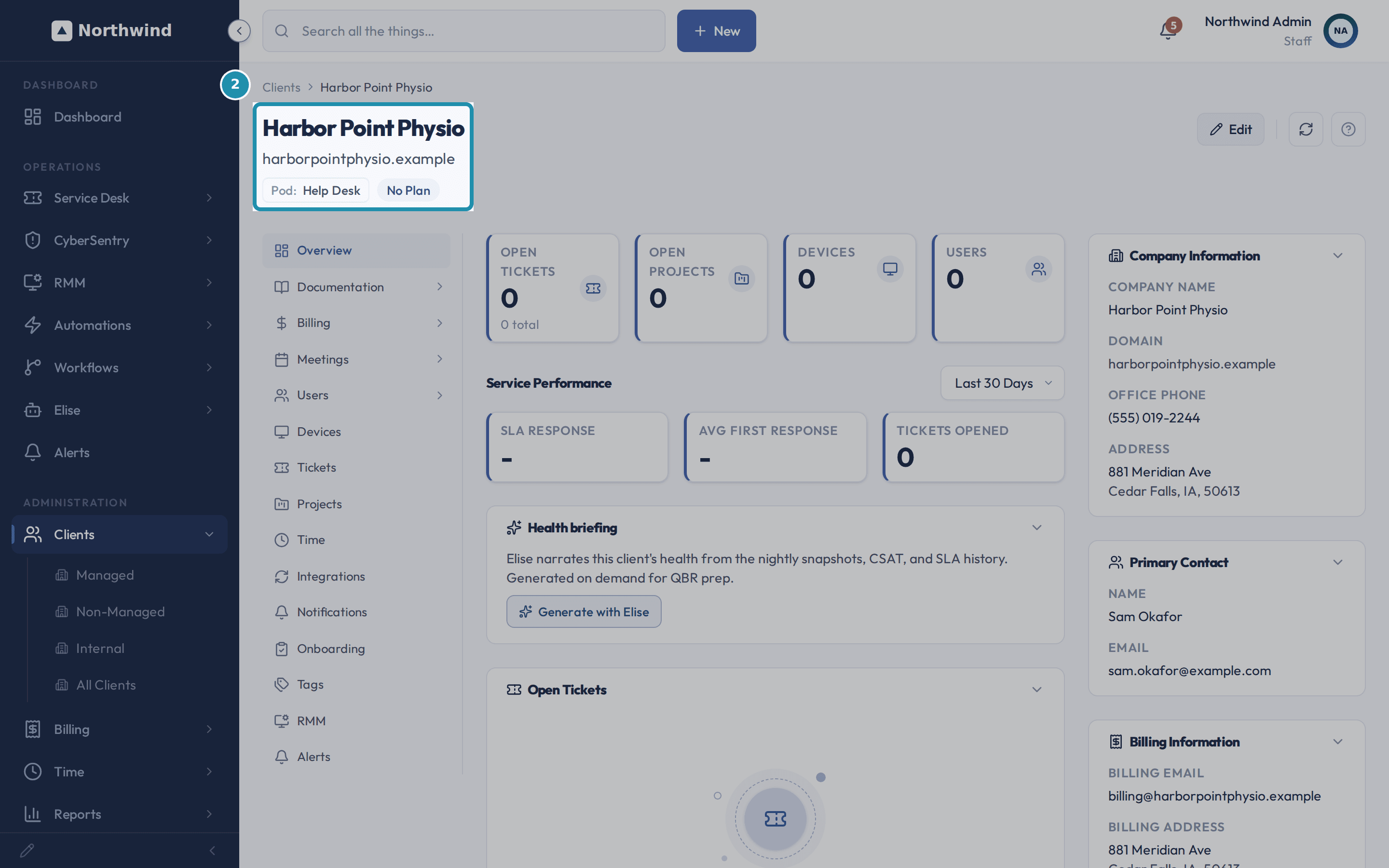 Harbor Point Physio's Overview tab showing the Pod: Help Desk and No Plan badges under its name, with Sam Okafor already filled in on the Primary Contact card.