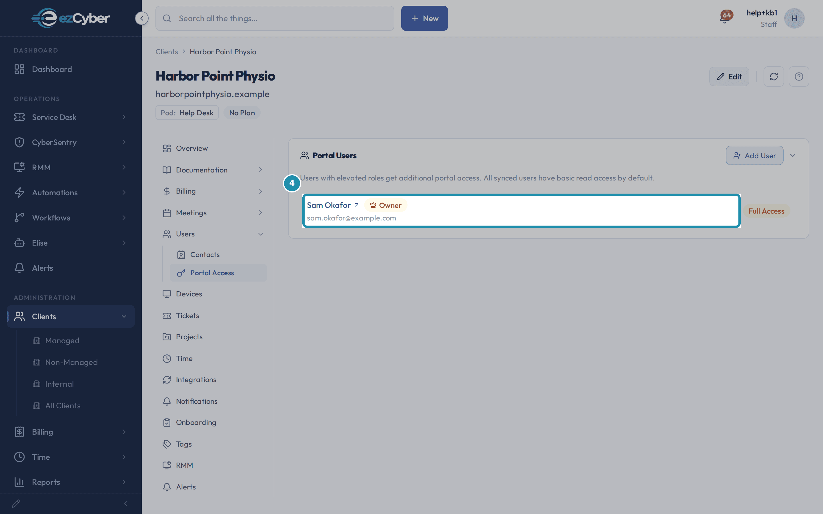 The Portal Users panel now listing Sam Okafor with an Owner badge and Full Access, right after his Contact record was created.