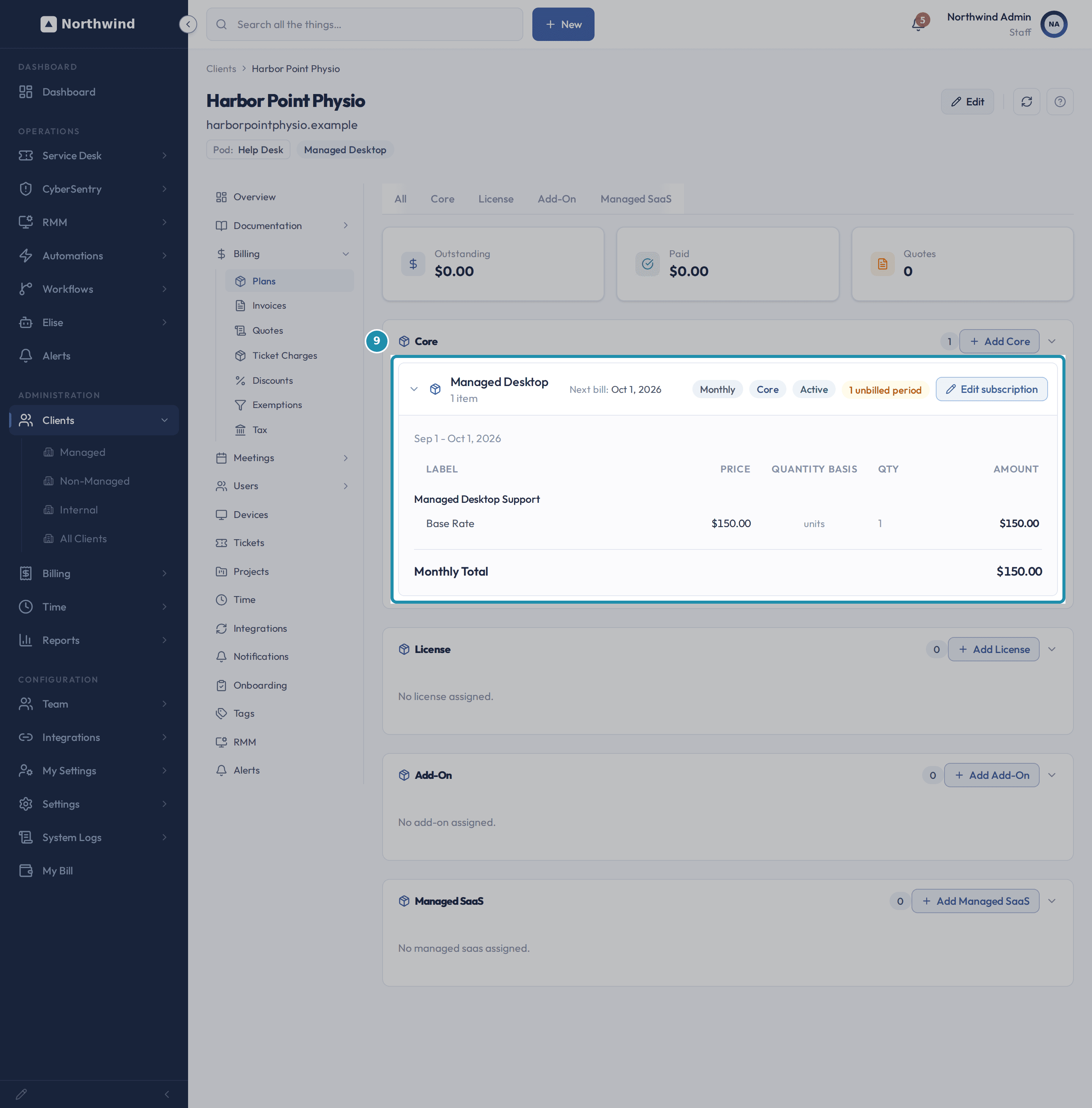 The Core section of Harbor Point Physio's Plans tab showing the Managed Desktop subscription Active, Next bill Oct 1 2026, with its Sep 1 - Oct 1 2026 period priced at a $150.00 Monthly Total and a 1 unbilled period flag.