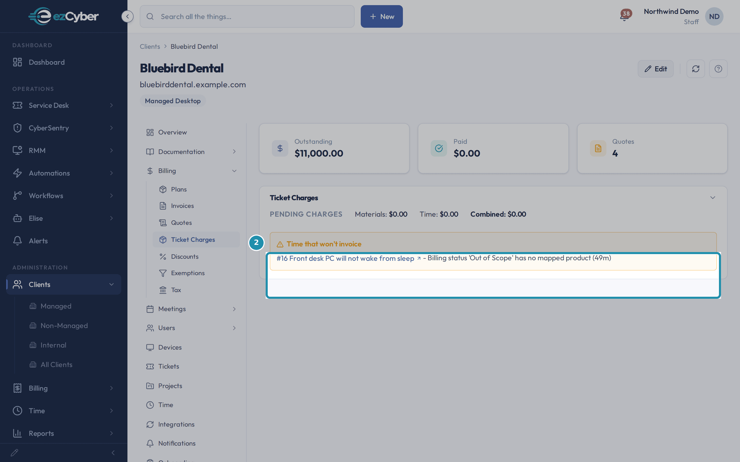 Bluebird Dental's Ticket Charges tab showing Materials, Time and Combined all at $0.00, with a Time that won't invoice banner naming ticket #16 and its Out of Scope status.
