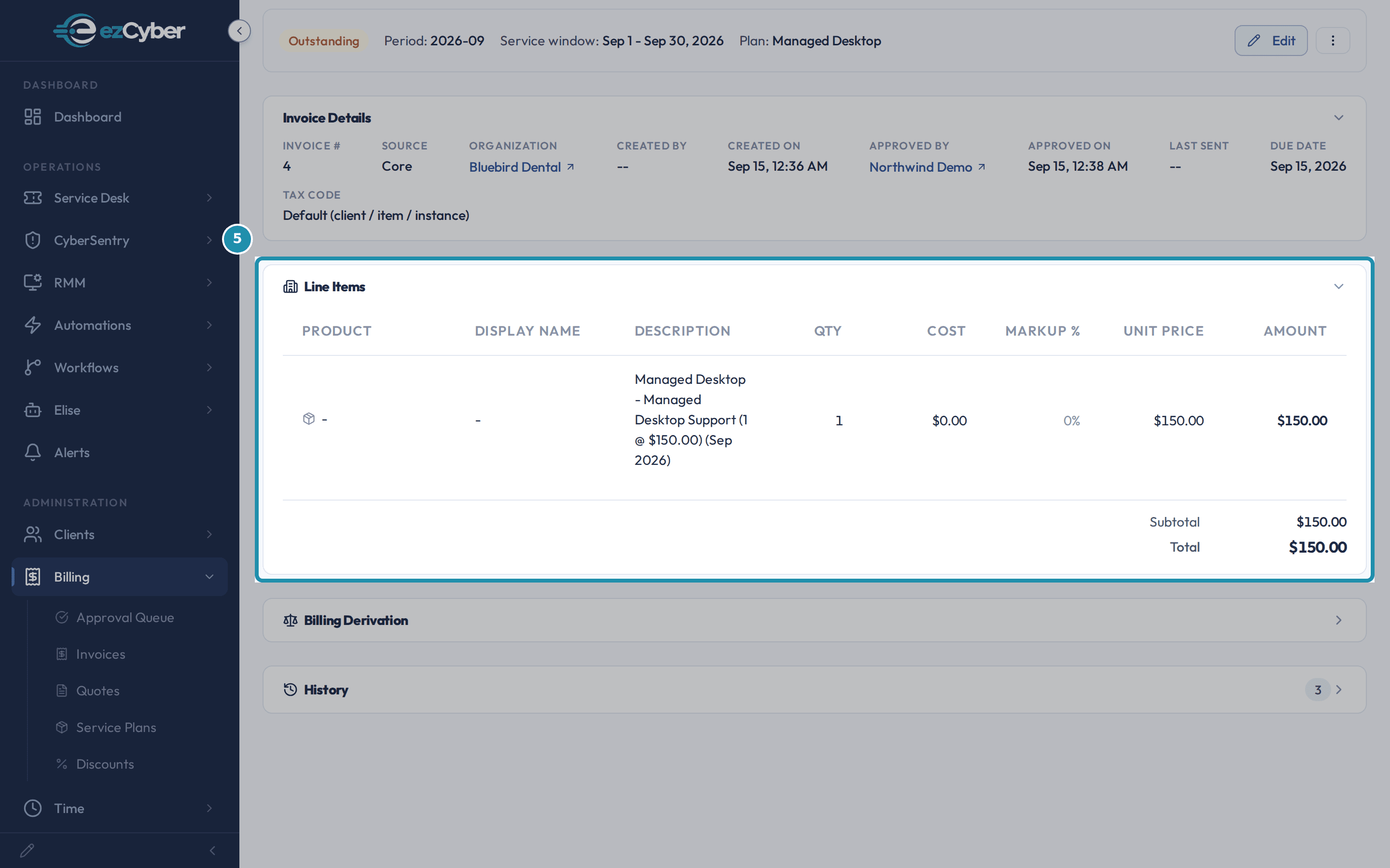 Invoice 4's Line Items panel showing one Managed Desktop Support line at $150.00 with a matching Subtotal and Total.