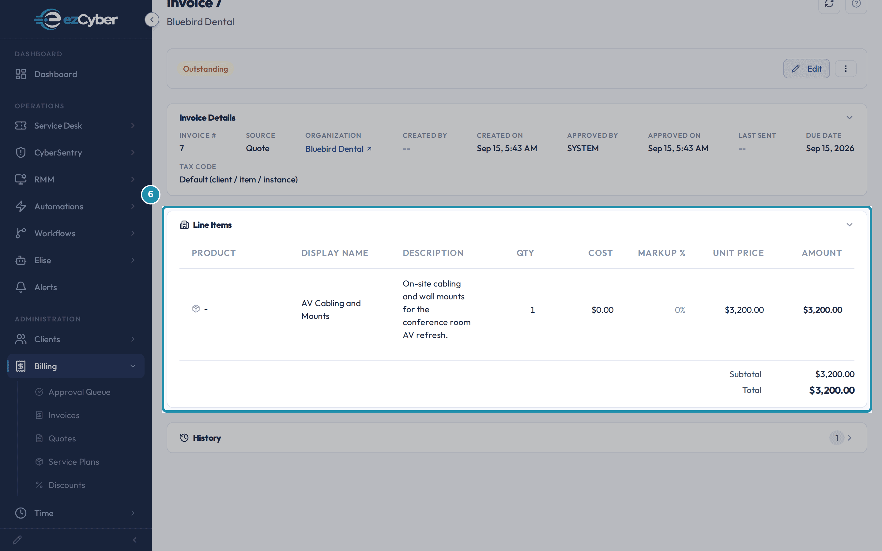 Invoice 7's Line Items panel showing one AV Cabling and Mounts line at $3,200.00, approved by SYSTEM.