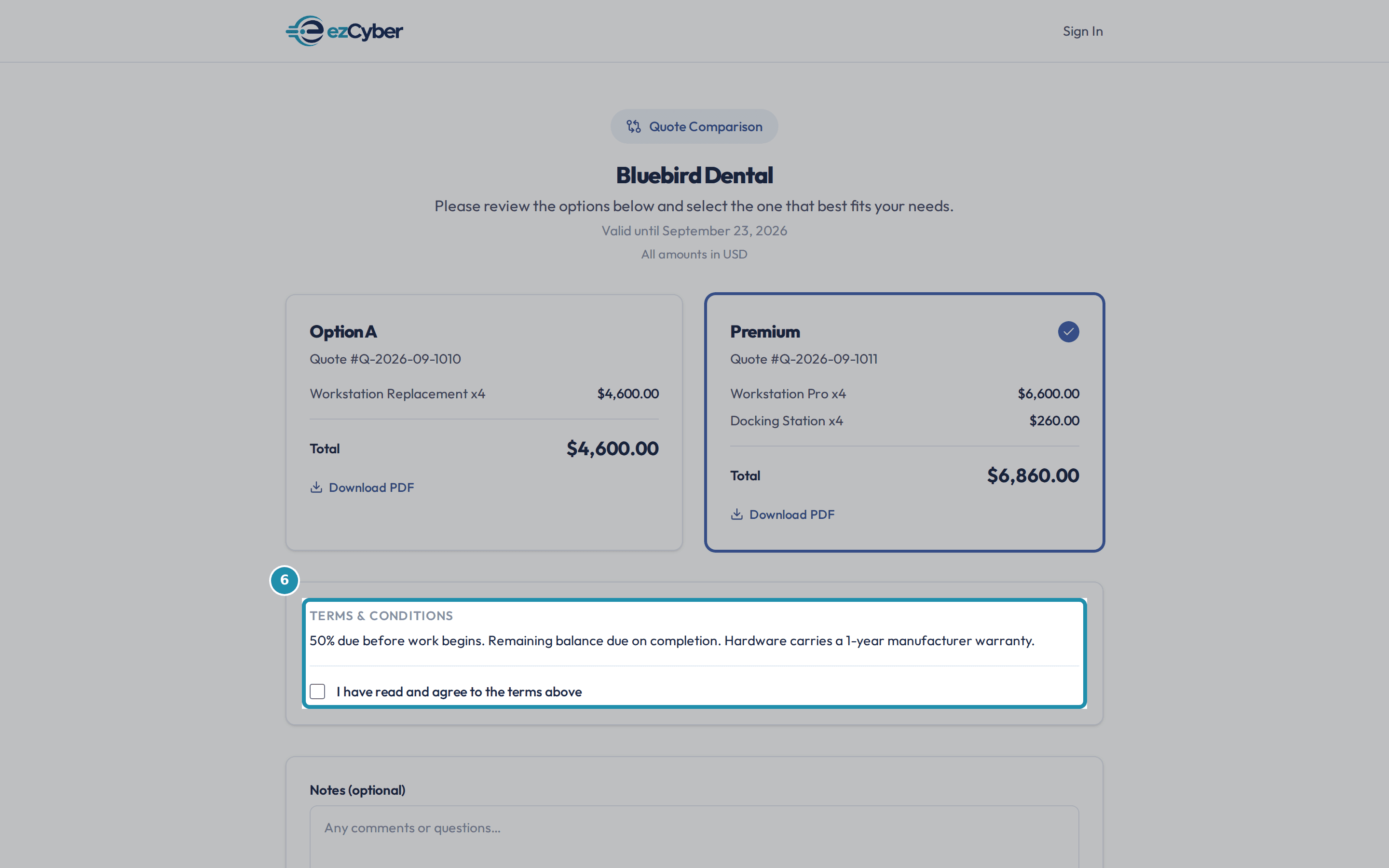 The Premium card selected and outlined on the client's accept page, with the Terms & Conditions block and its unticked acknowledgement checkbox below.
