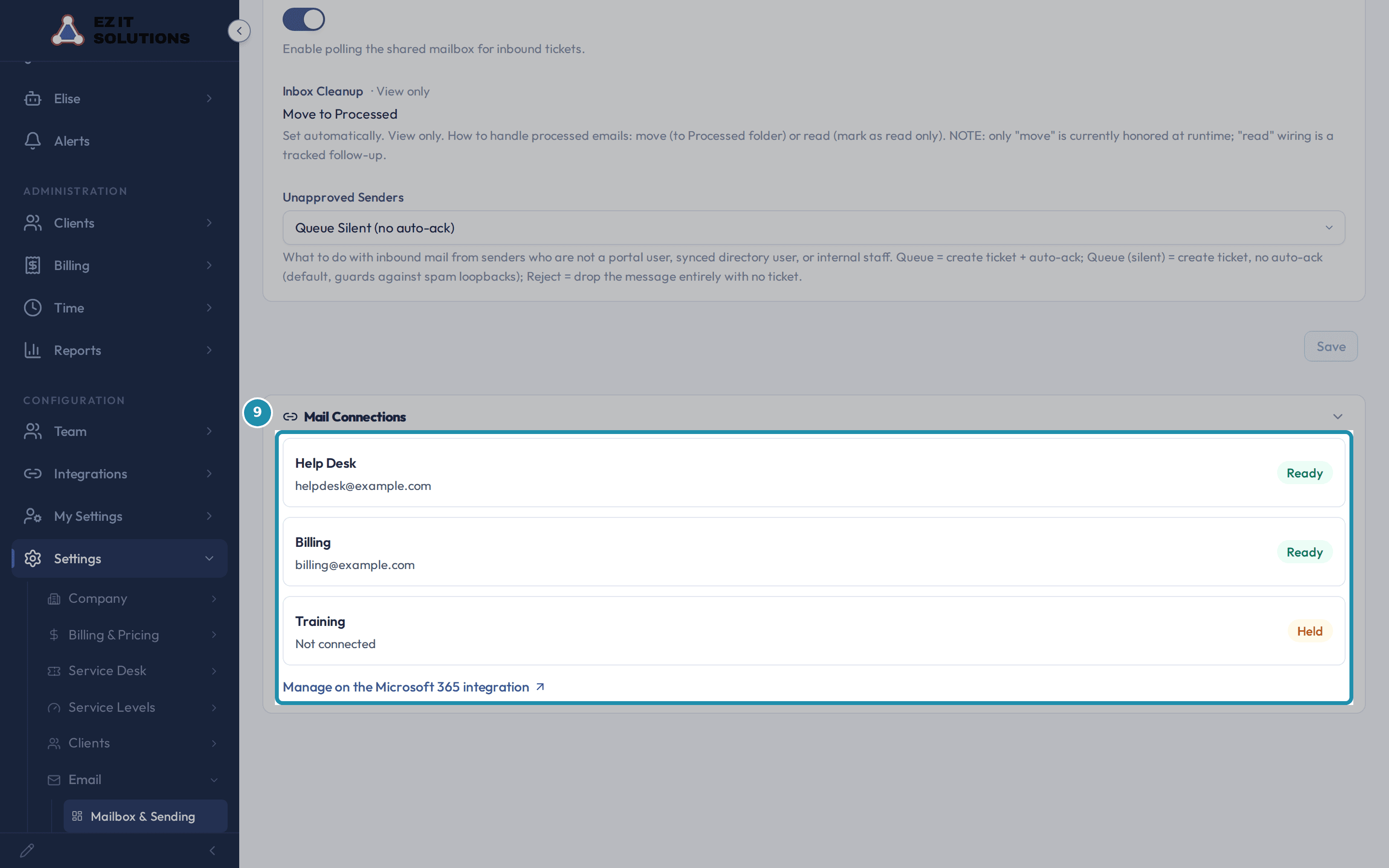 The Mailbox & Sending settings page with a numbered teal box around the read-only Mail Connections card, showing Help Desk and Billing as Ready, Training as Held, and a link to manage them on the Microsoft 365 integration.