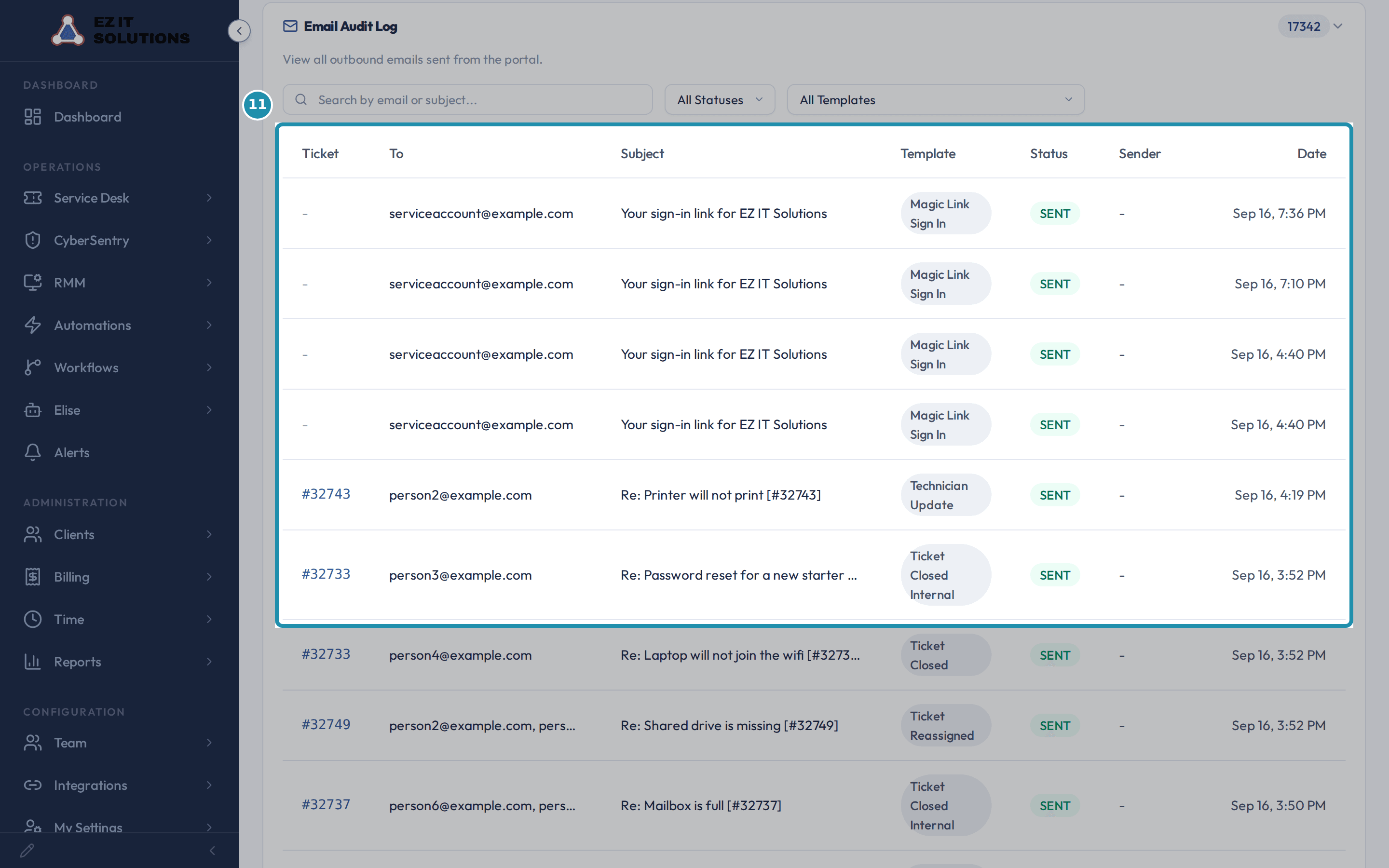 A numbered teal box around the Email Log table header and its newest rows, every one of them showing the status SENT.