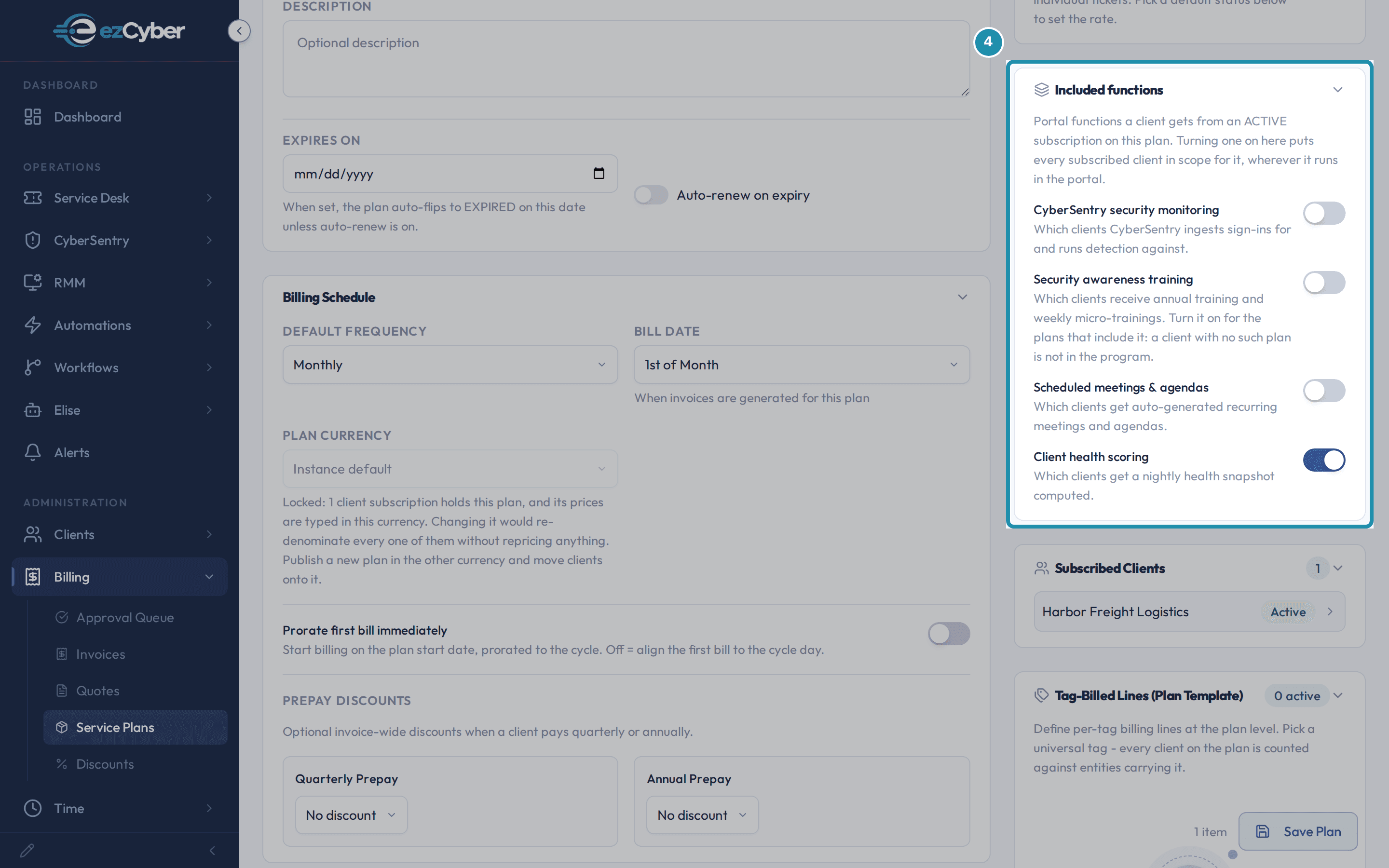 Northwind Pilot plan editor with a numbered teal badge on the Included Functions panel, Client health scoring on, and Harbor Freight Logistics now listed as its one active subscribed client.