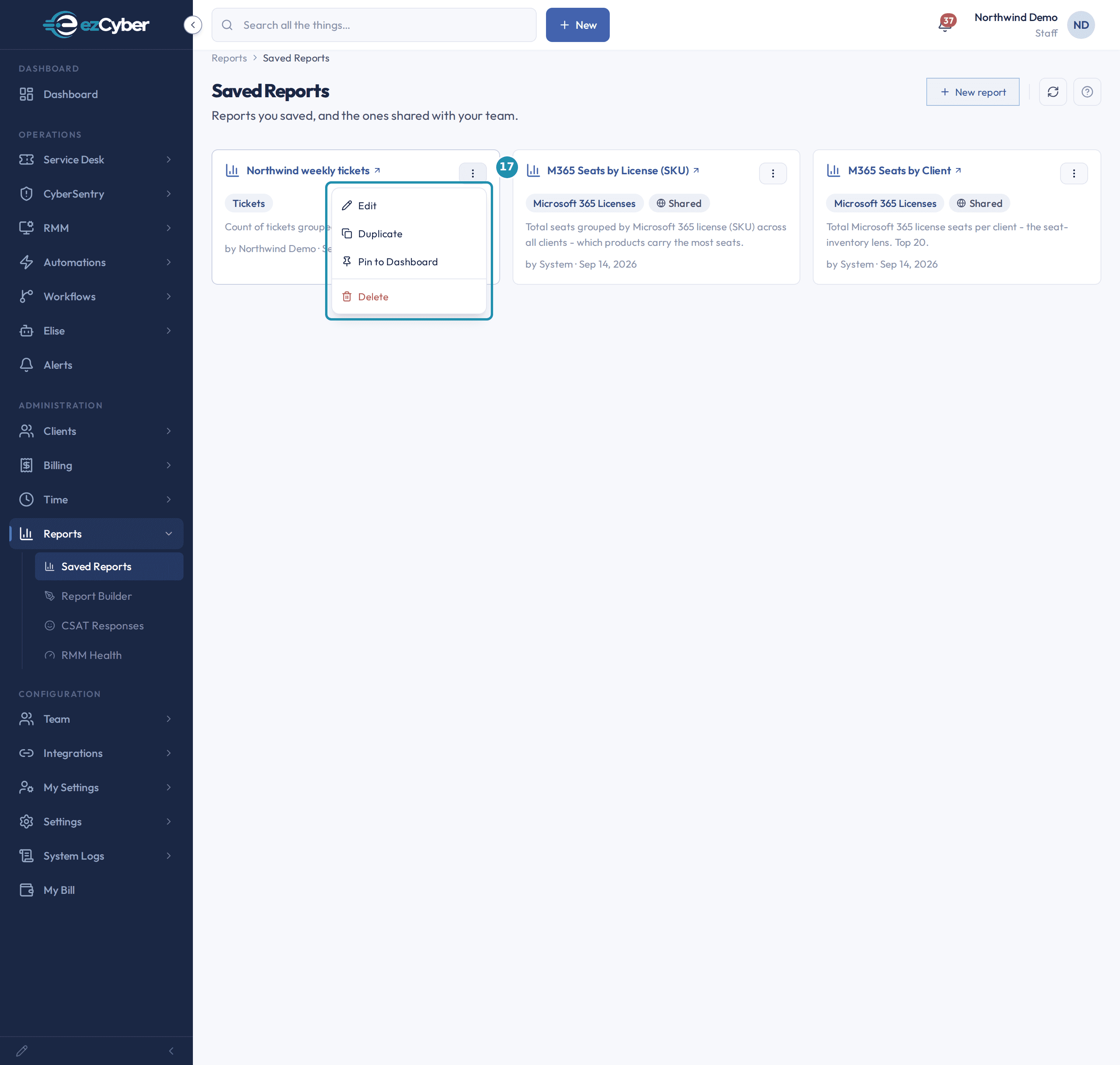 The Saved Reports page with a numbered teal badge on the open Actions menu, showing Edit, Duplicate, Pin to Dashboard, and Delete.