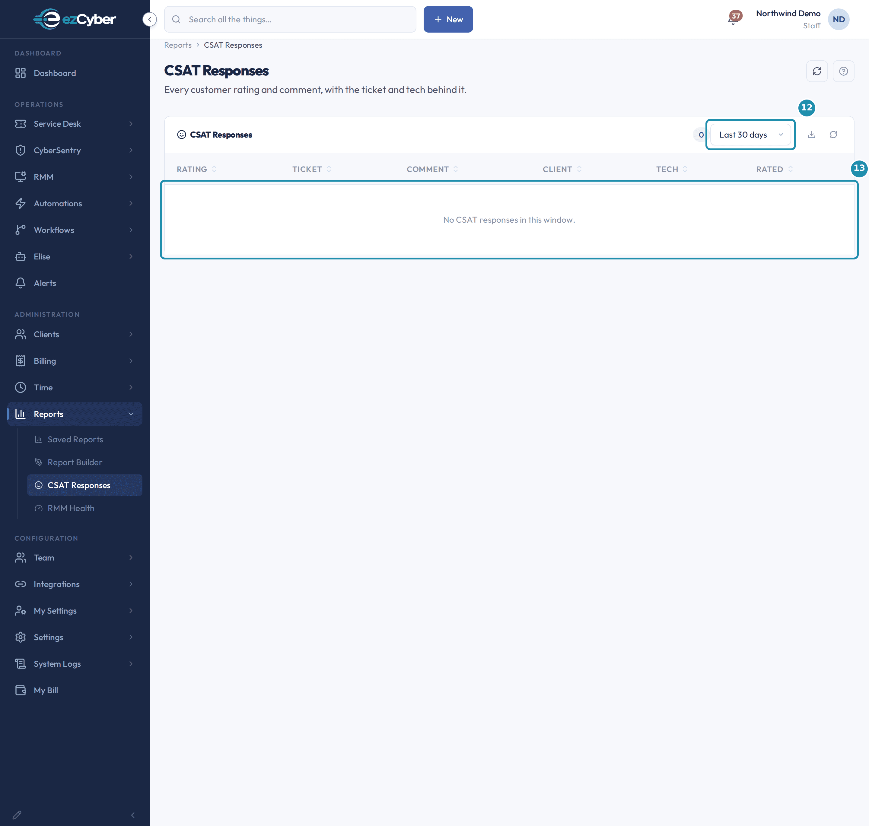 The CSAT Responses page with a numbered teal badge on the window selector and on the empty results table.