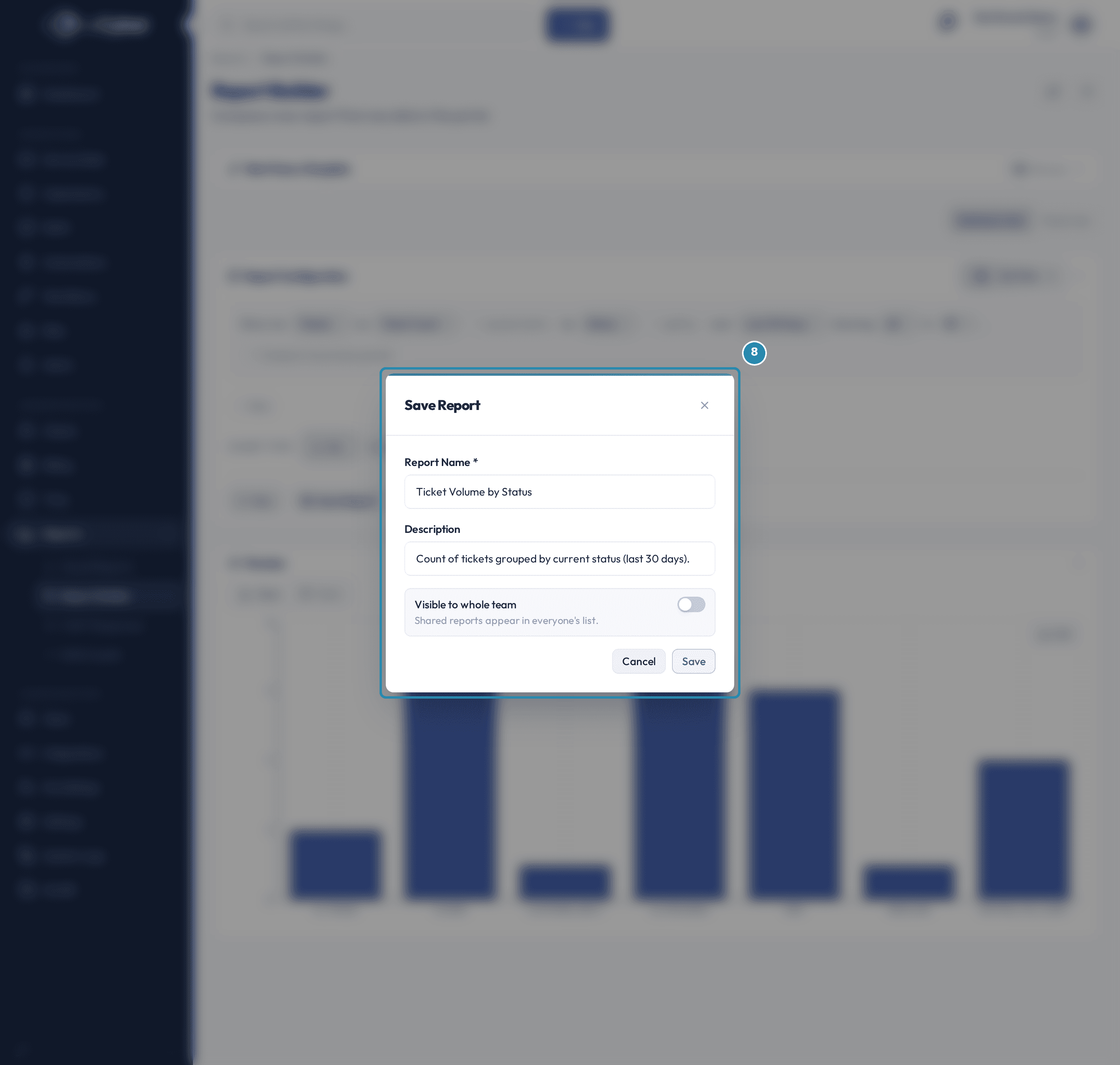 The Save Report dialog with a numbered teal badge around the whole dialog: Report Name, Description, the Visible to whole team toggle, and Save.