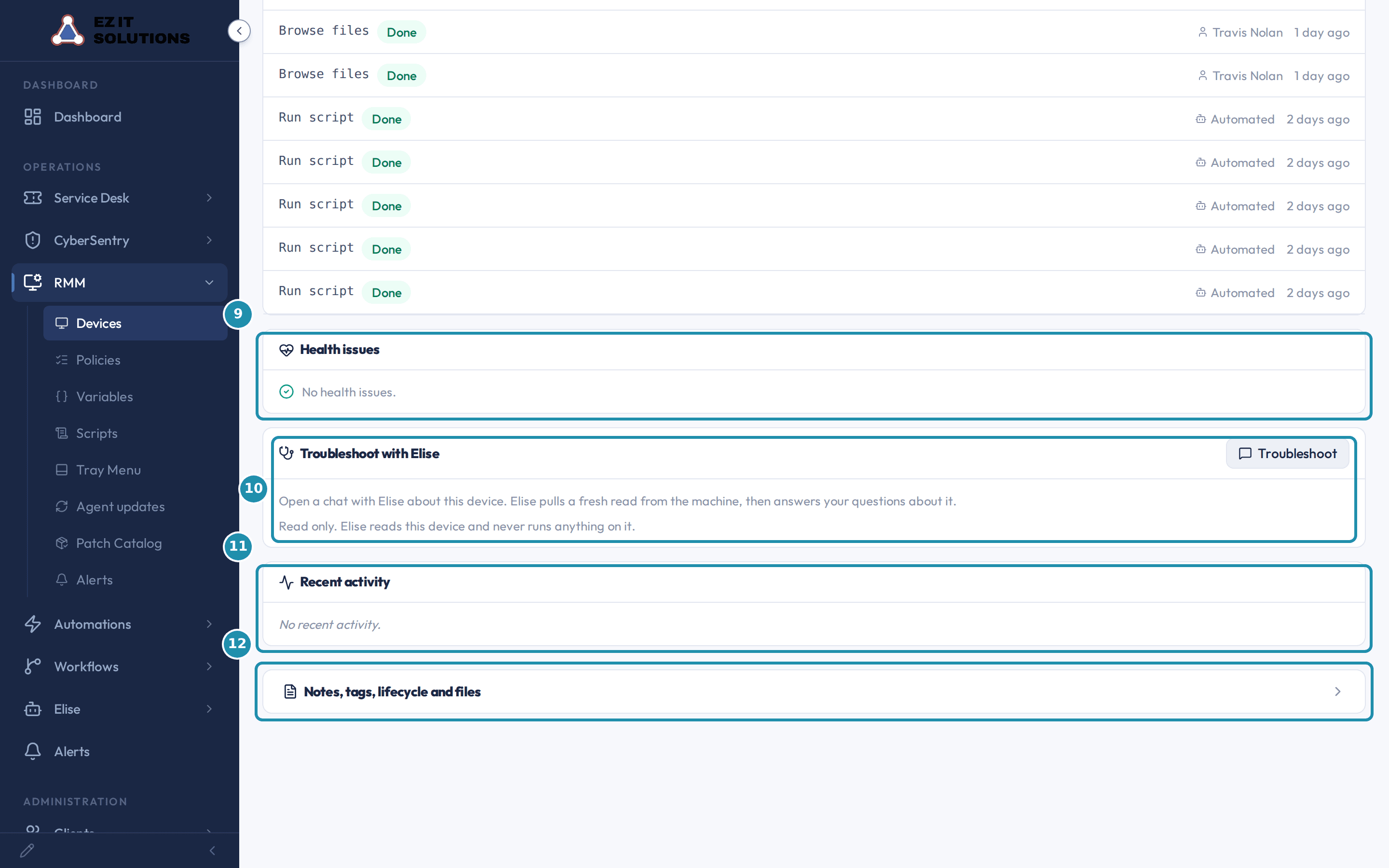 The bottom of the Overview tab with numbered badges on the Health issues card, the Troubleshoot with Elise card, the Recent activity card, and the collapsed Notes, tags, lifecycle and files section.