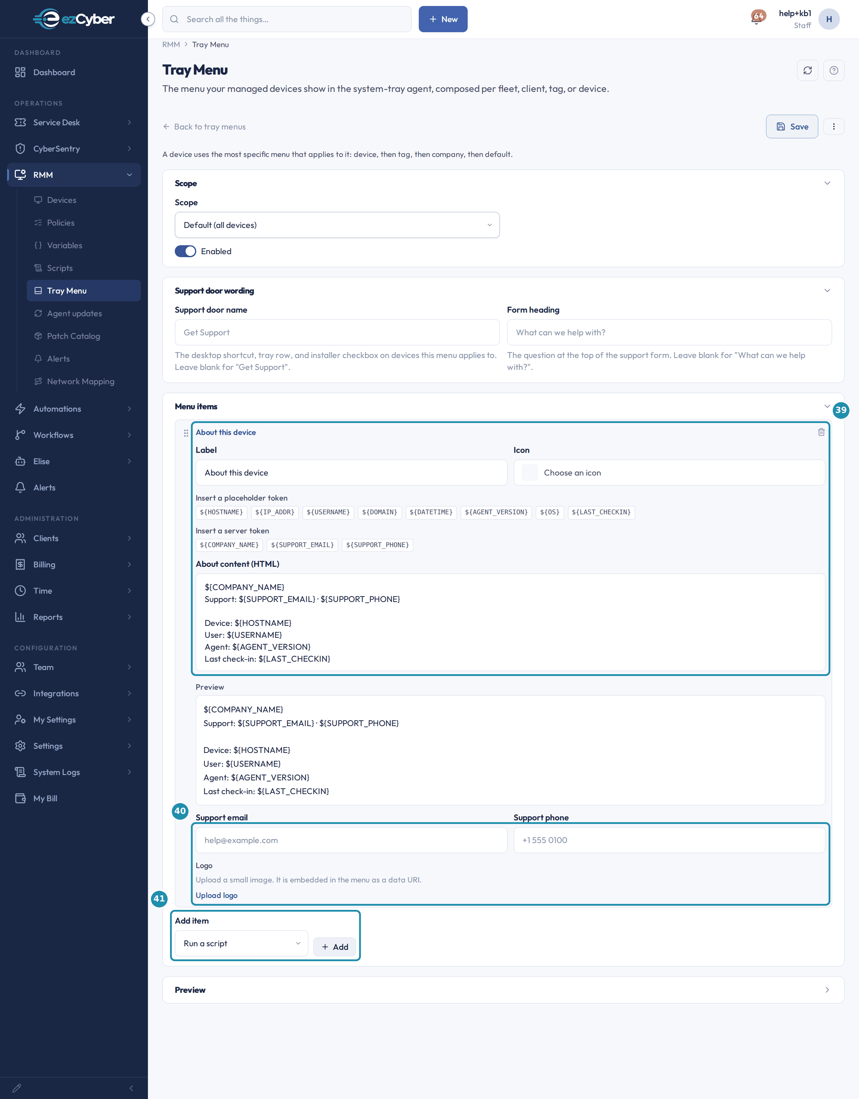 The tray menu's Menu items section with numbered badges on the About this device item with its label, icon, both token rows and content, on the support email, phone and logo fields, and on the Add item picker.