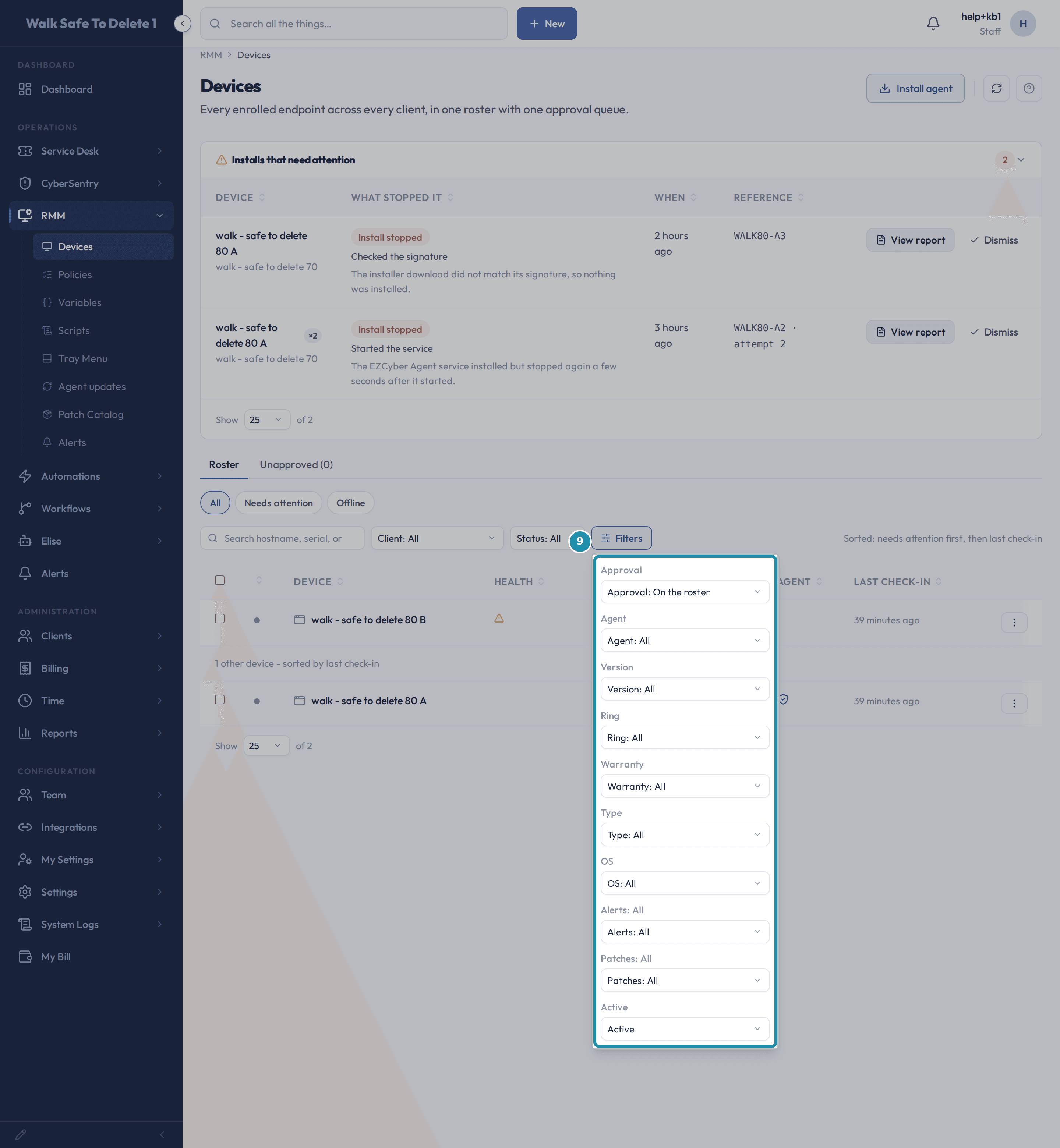 The Filters panel open beside the bar, showing ten filters from Approval down to Active, called out as one panel.
