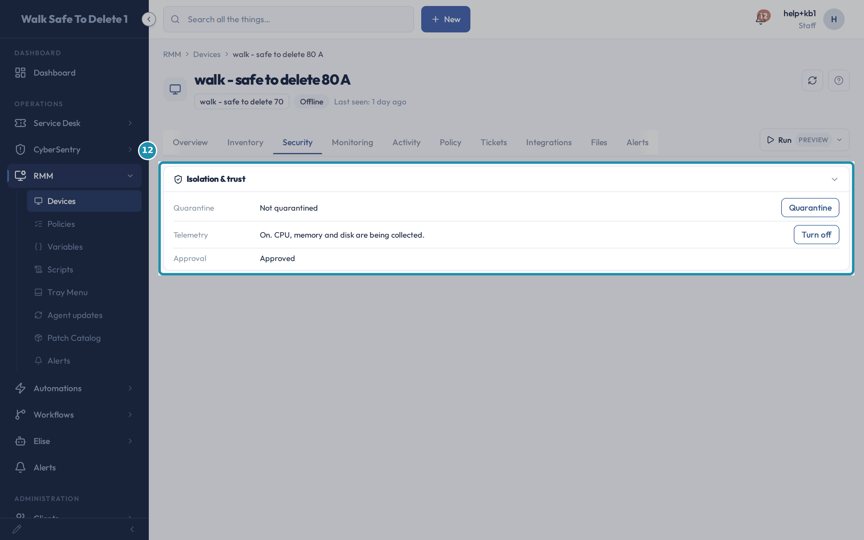 The Security tab on walk - safe to delete 80 A, its Isolation & trust card called out: Quarantine reading Not quarantined, Telemetry reading On with CPU, memory and disk being collected, and Approval reading Approved.