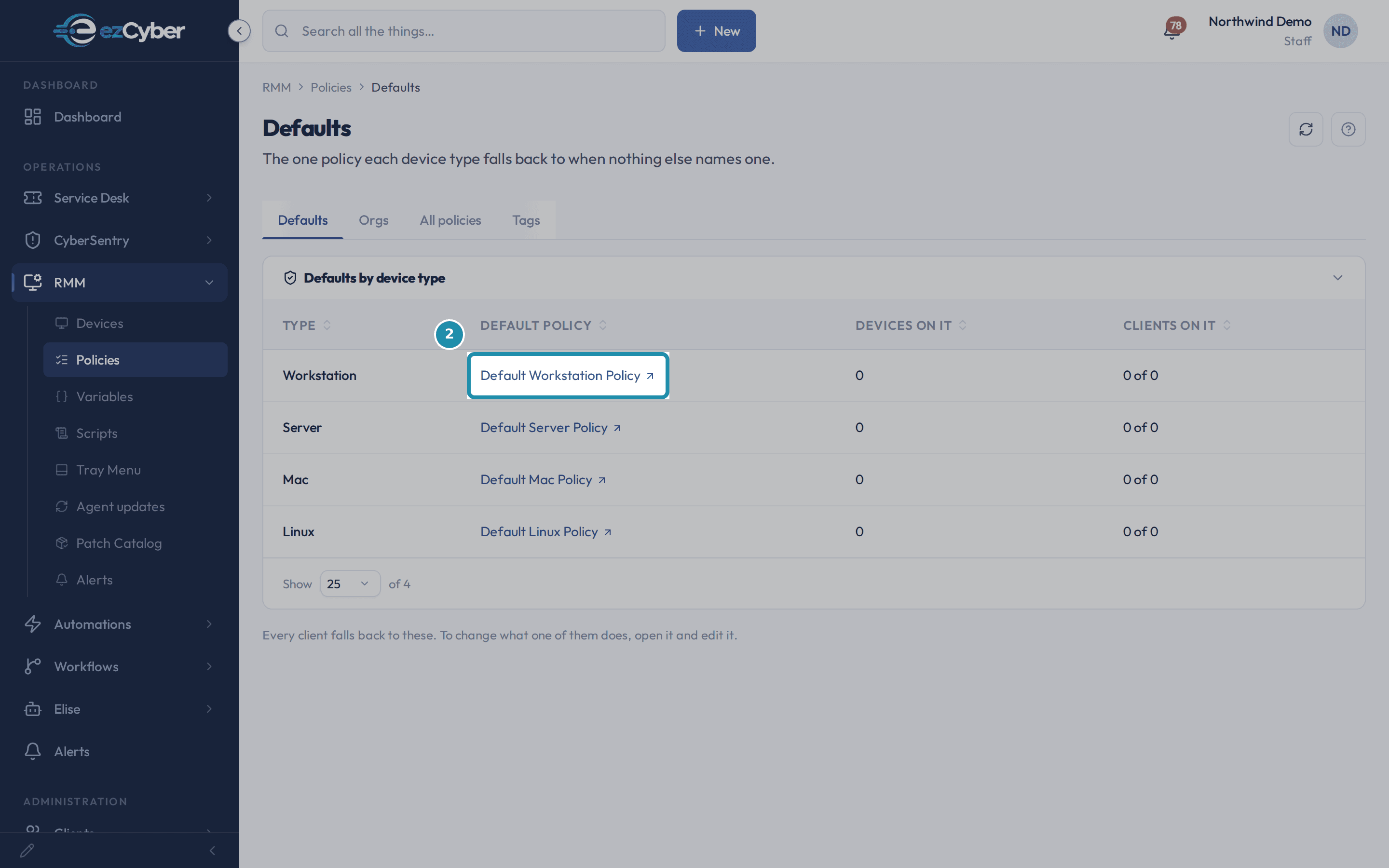 The Default Workstation Policy link on the Defaults tab, highlighted as the door into that policy's own editor.