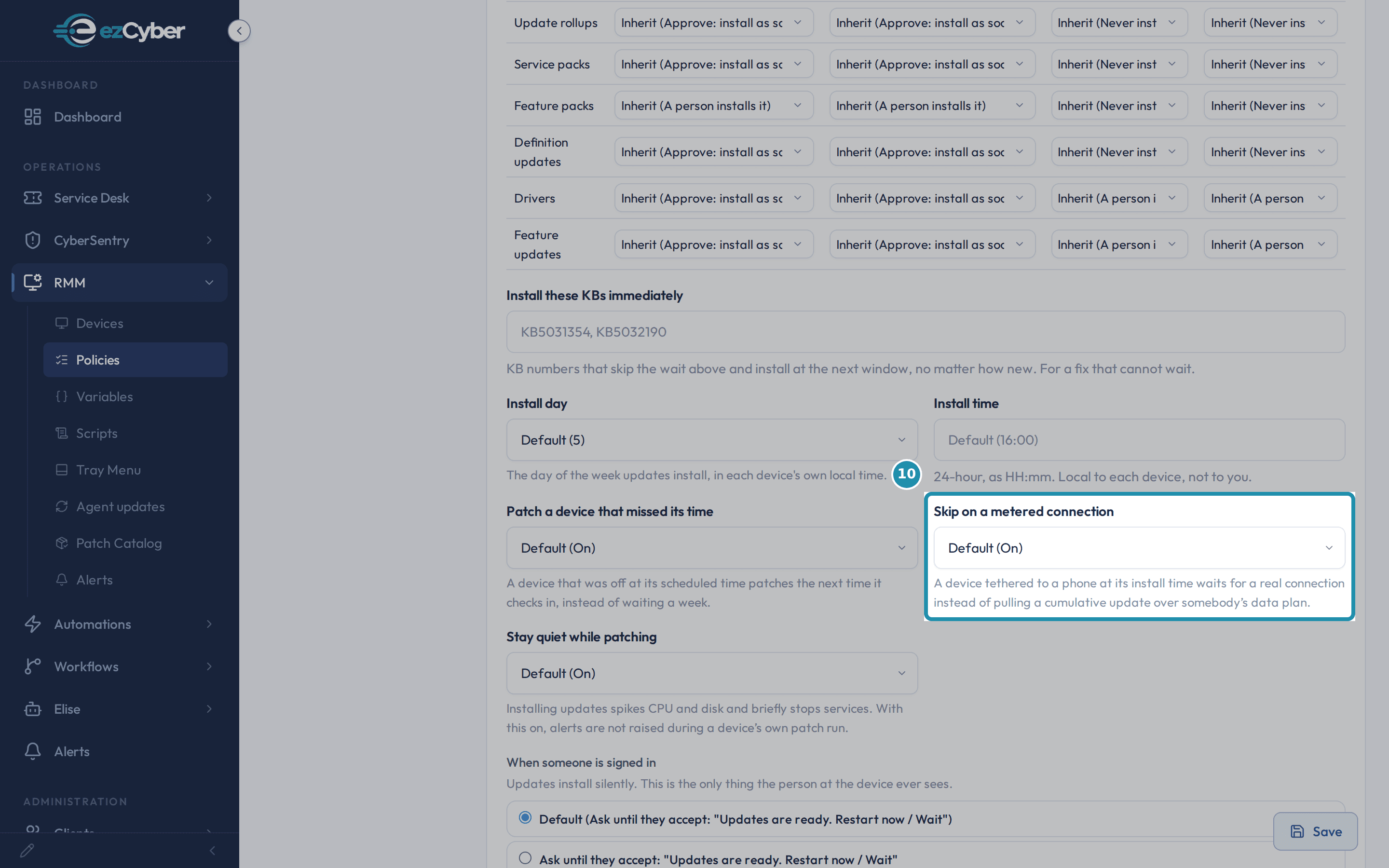 The Patching tab's OS-patching card: Install day and Install time both noted as local to each device, and 'Skip on a metered connection' set to Default (On) with its data-plan hint.