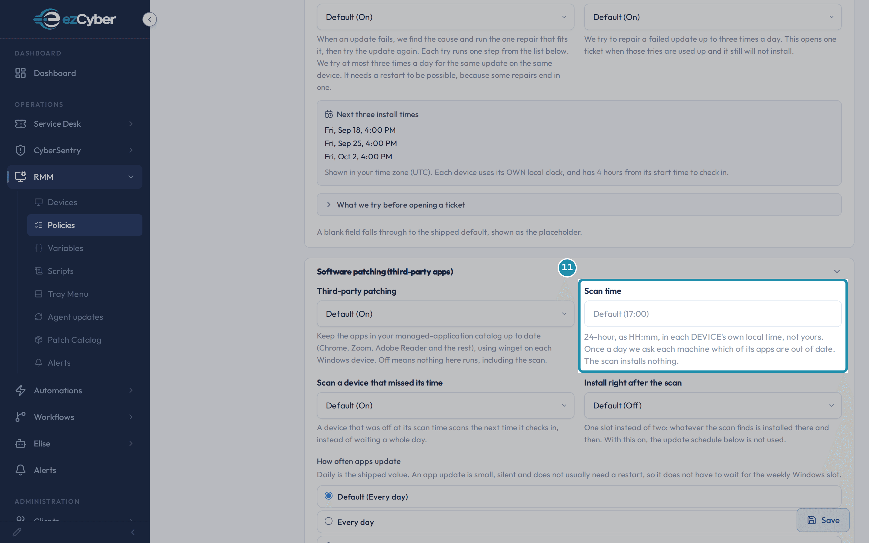 The Software patching (third-party apps) card, showing the Scan time field (Default 17:00) with the hint that it runs in each device's own local time, above the Next three install times box.