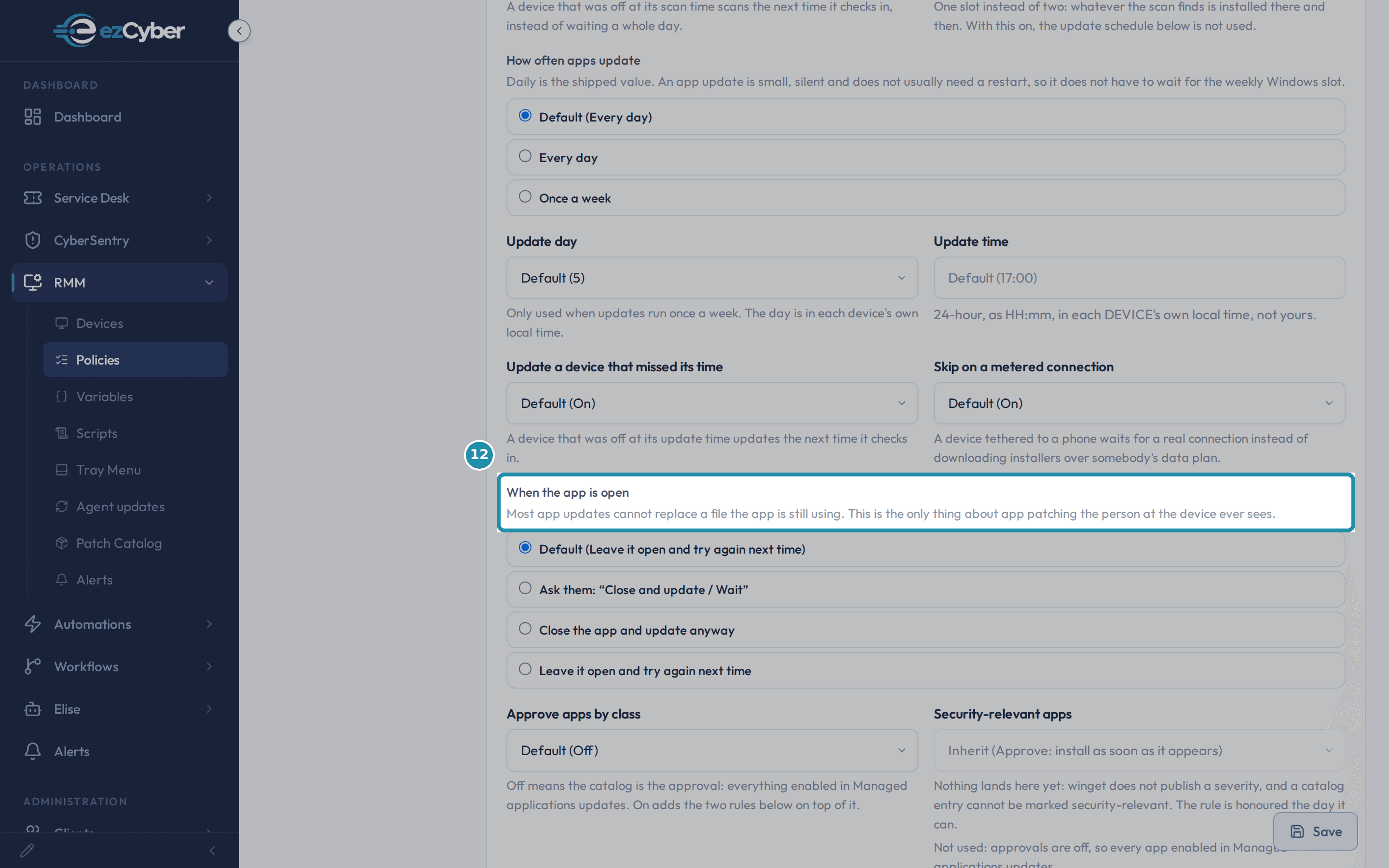 The 'When the app is open' setting with its four radio options (none of them a restart), directly below the metered-connection and update-time fields, with no restart control anywhere in the card.