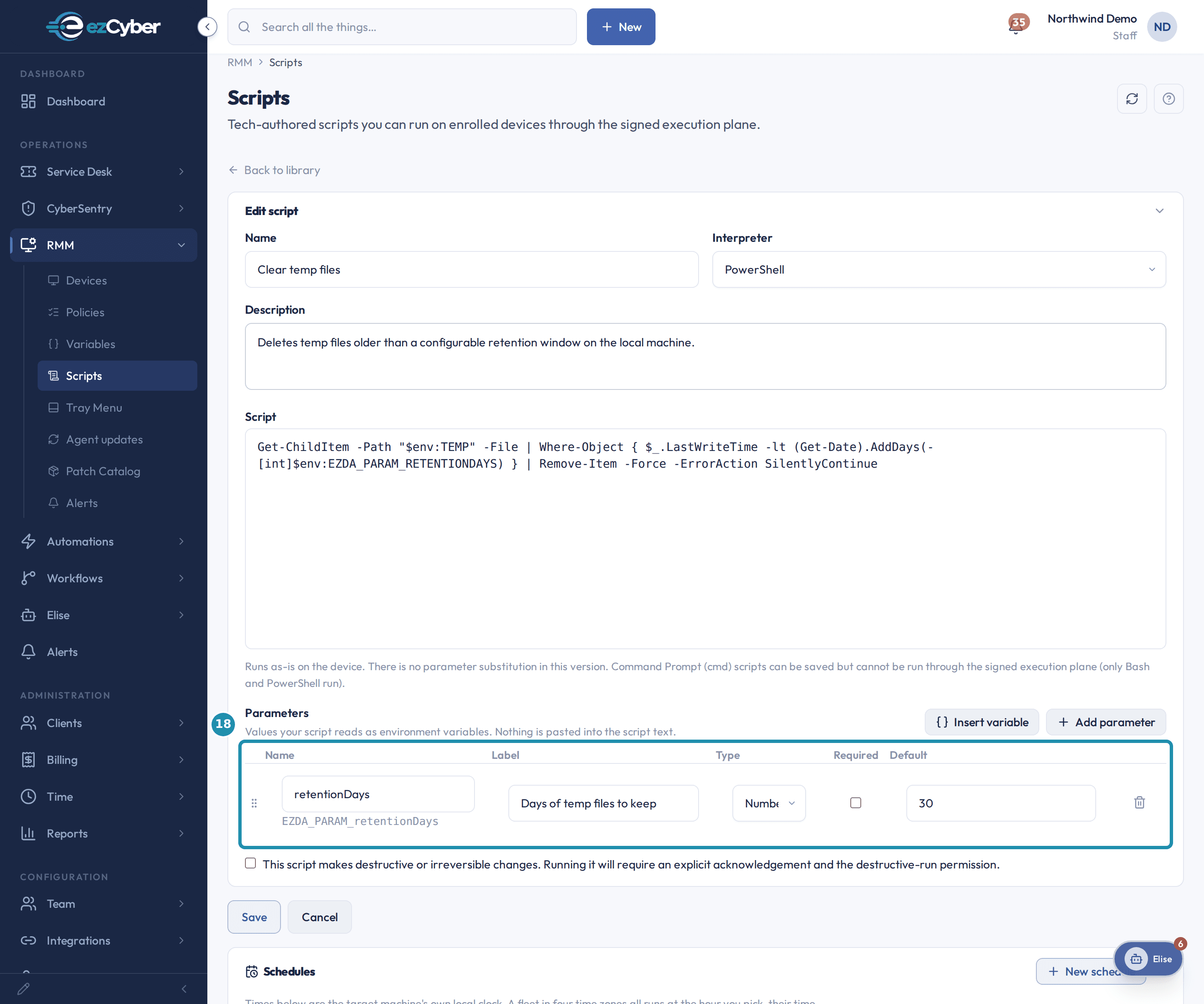 The Clear temp files script's edit view with a numbered teal badge on its one parameter row, retentionDays, showing the EZDA_PARAM_retentionDays hint underneath.