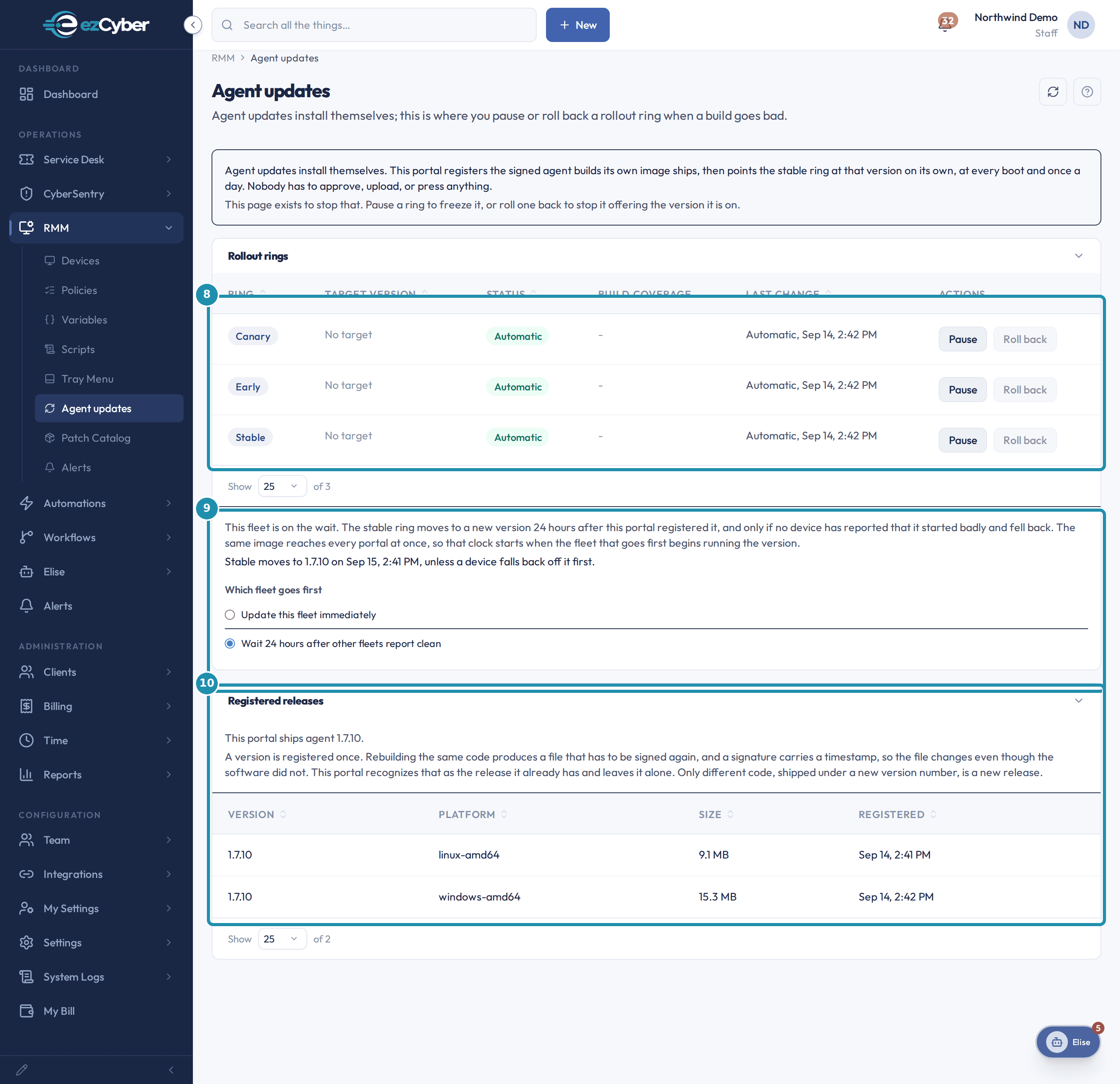 The Agent updates page with a numbered teal badge on the Rollout rings table, the Which fleet goes first section, and the Registered releases table.