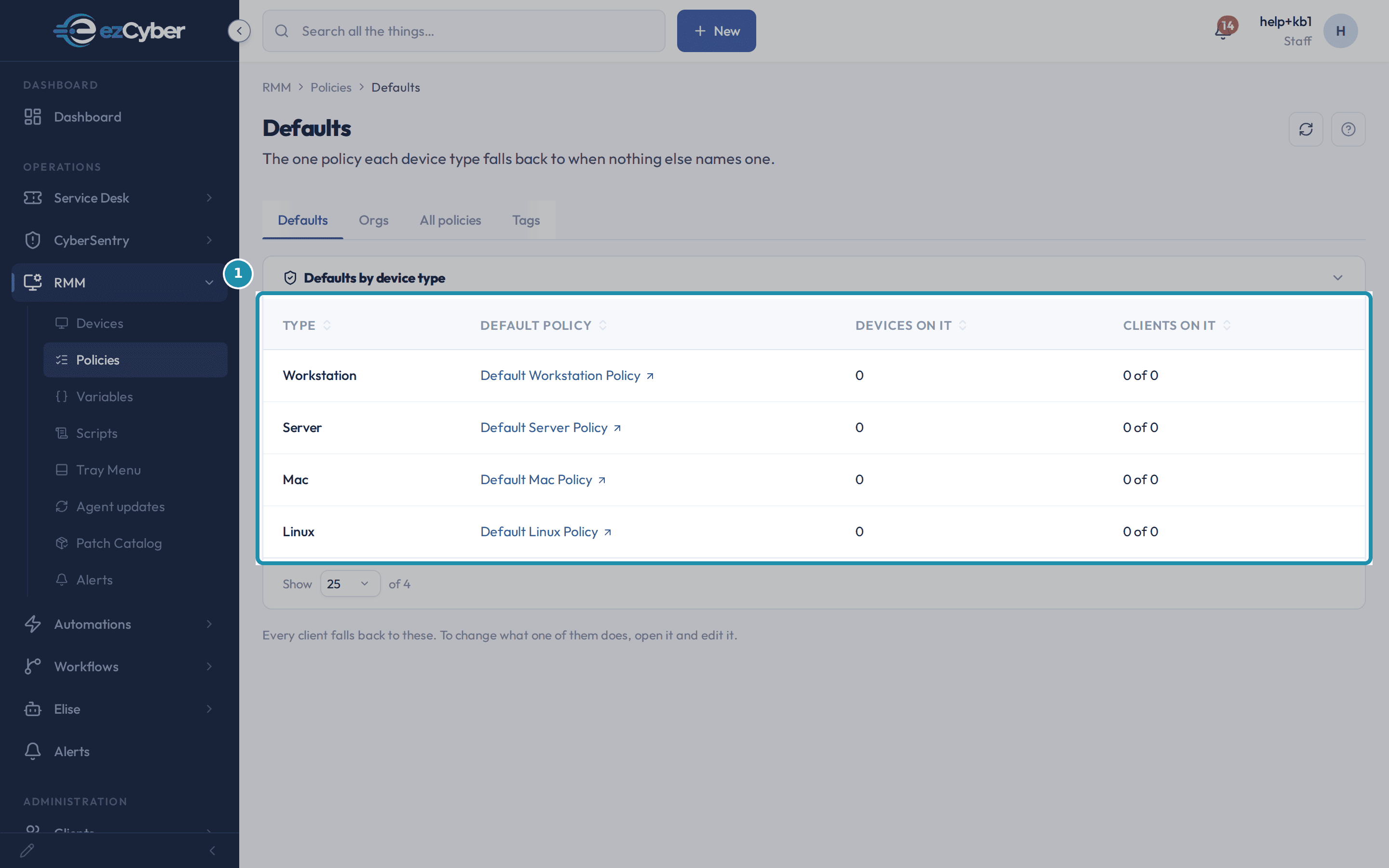 The Policies area's Defaults tab, with a Defaults by device type table listing Workstation, Server, Mac and Linux against Default Workstation Policy, Default Server Policy, Default Mac Policy and Default Linux Policy, every Devices on it count 0 and every Clients on it count 0 of 0.
