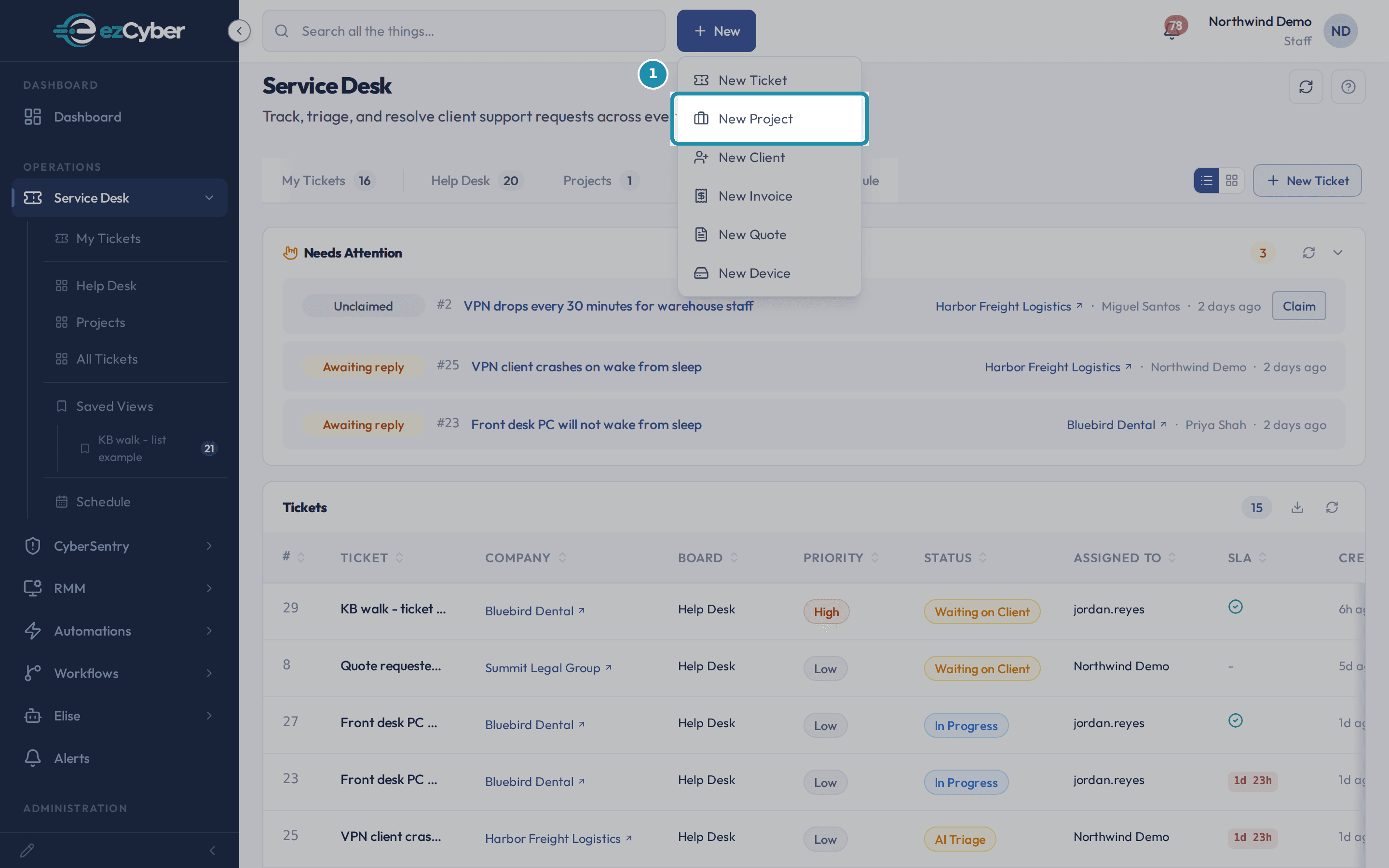 The header's plus-New dropdown open with New Project boxed.