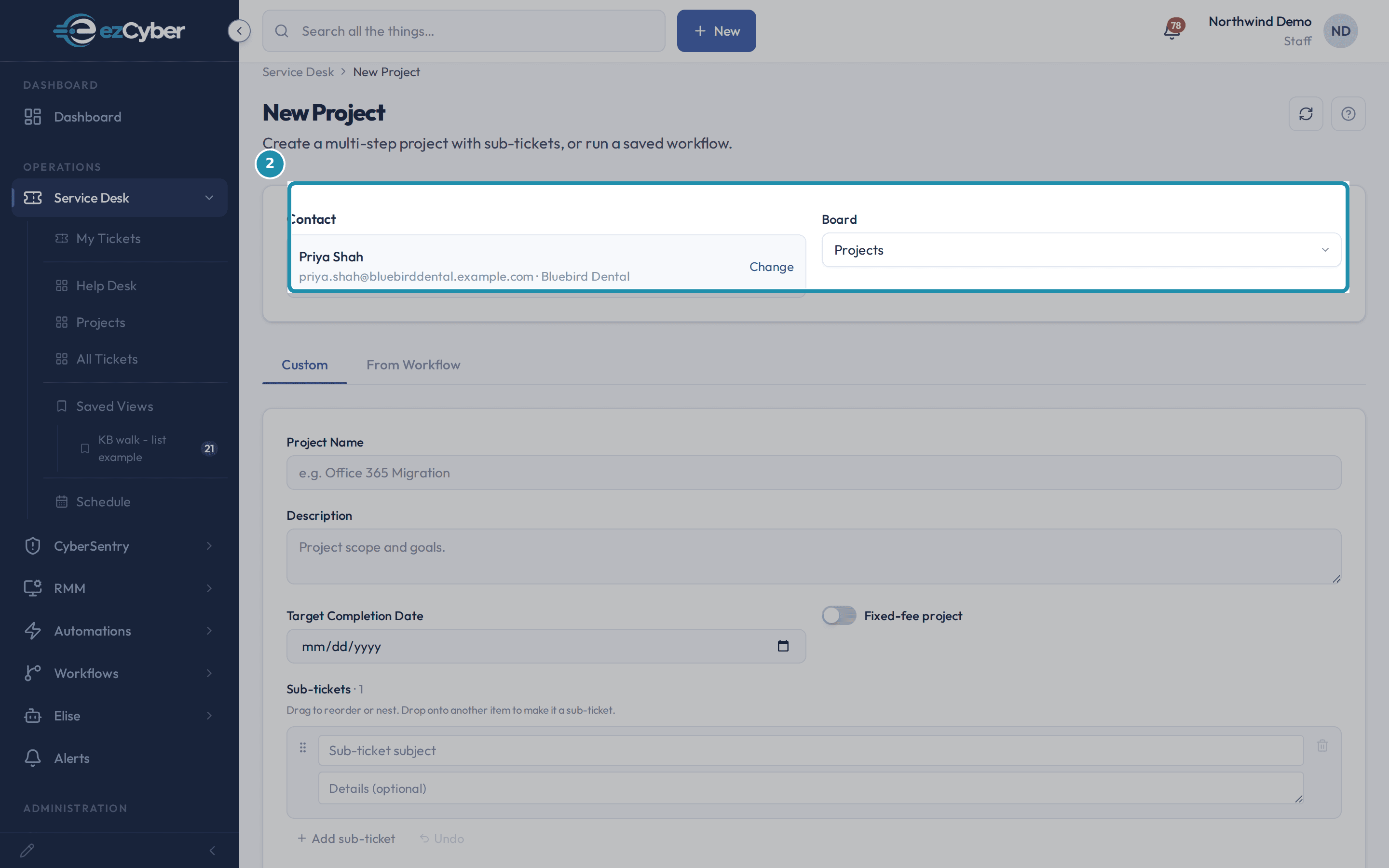 The Contact and Board fields on New Project, boxed, with a contact already selected.