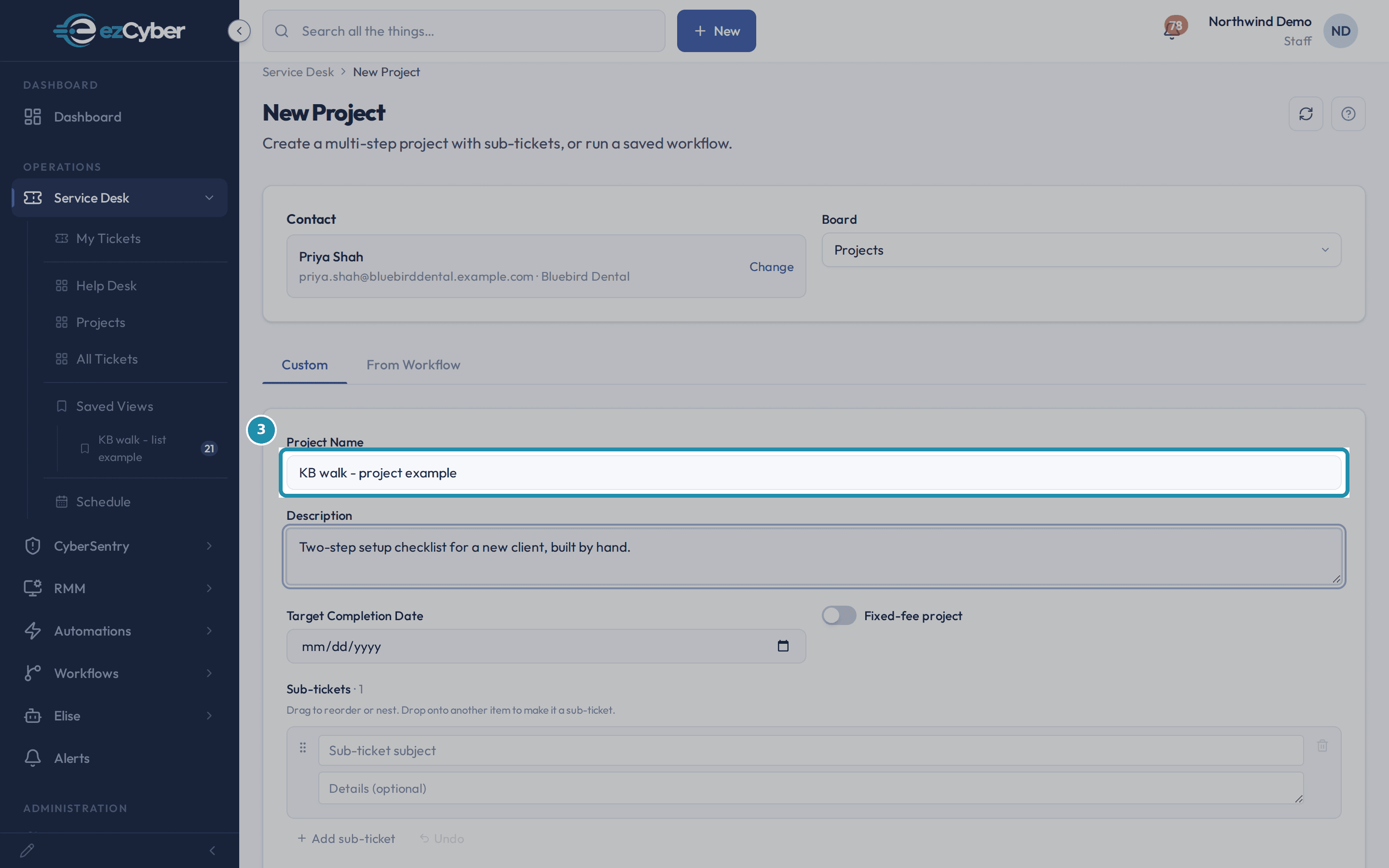 The Project Name field on New Project's Custom tab, boxed, filled in with a project name.