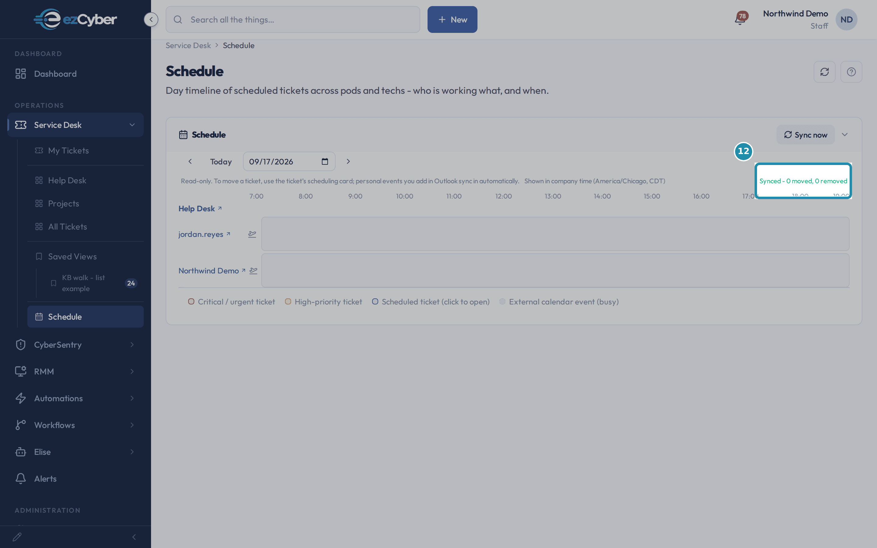 The Schedule page's sync result text reading Synced - 0 moved, 0 removed, boxed.