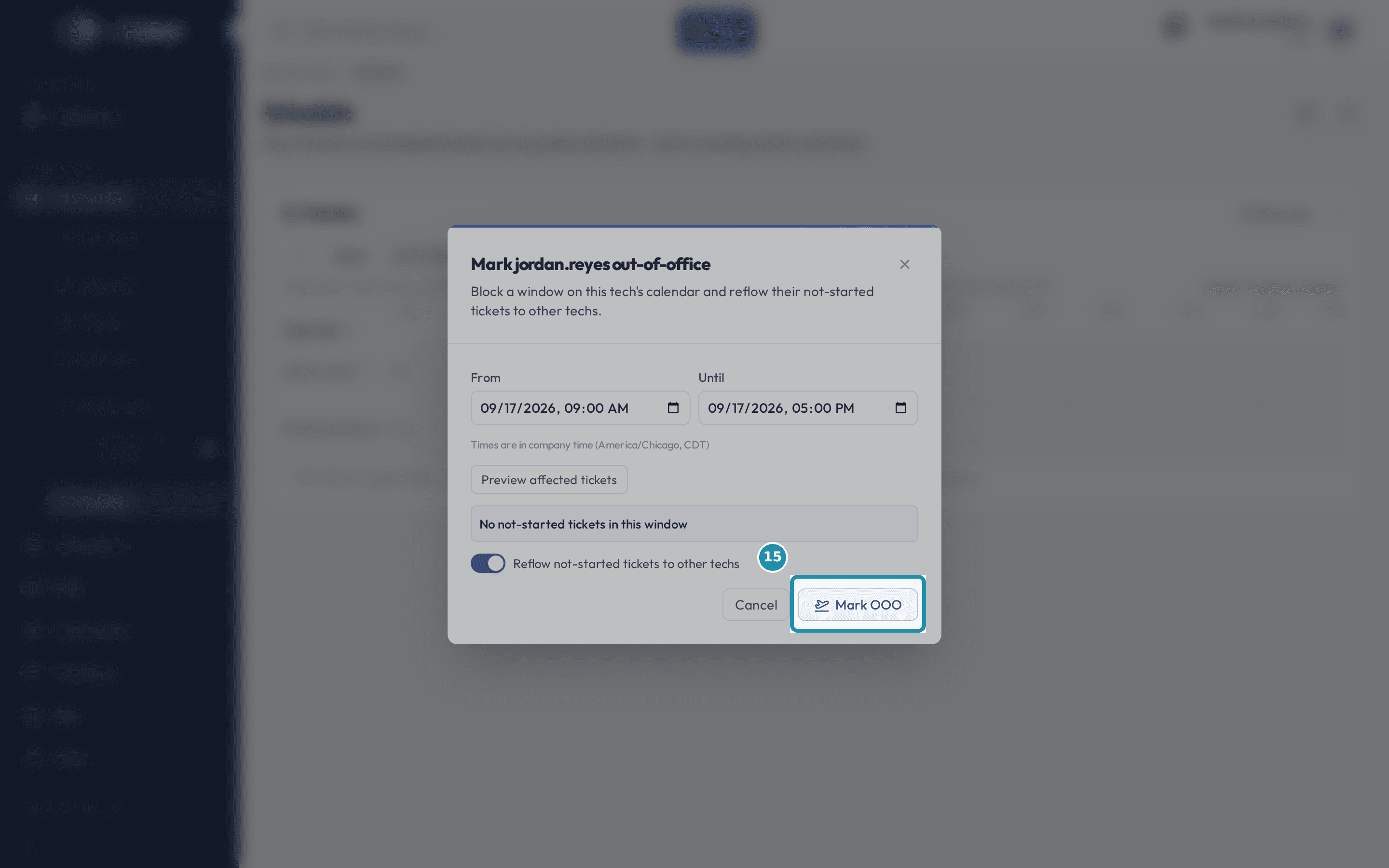 The Mark OOO button inside the out-of-office dialog, boxed, with the preview result showing no affected tickets.