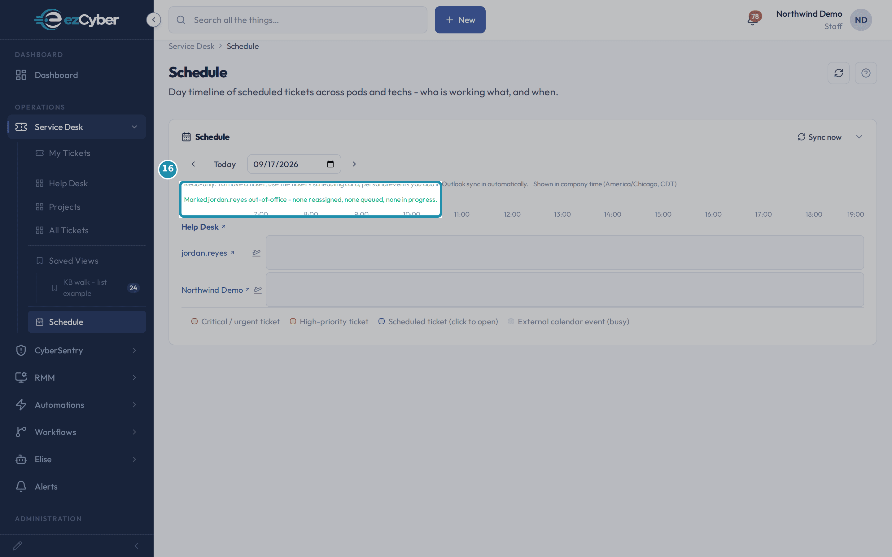 The Schedule page's confirmation text reading Marked out-of-office with none reassigned, none queued, none in progress, boxed.