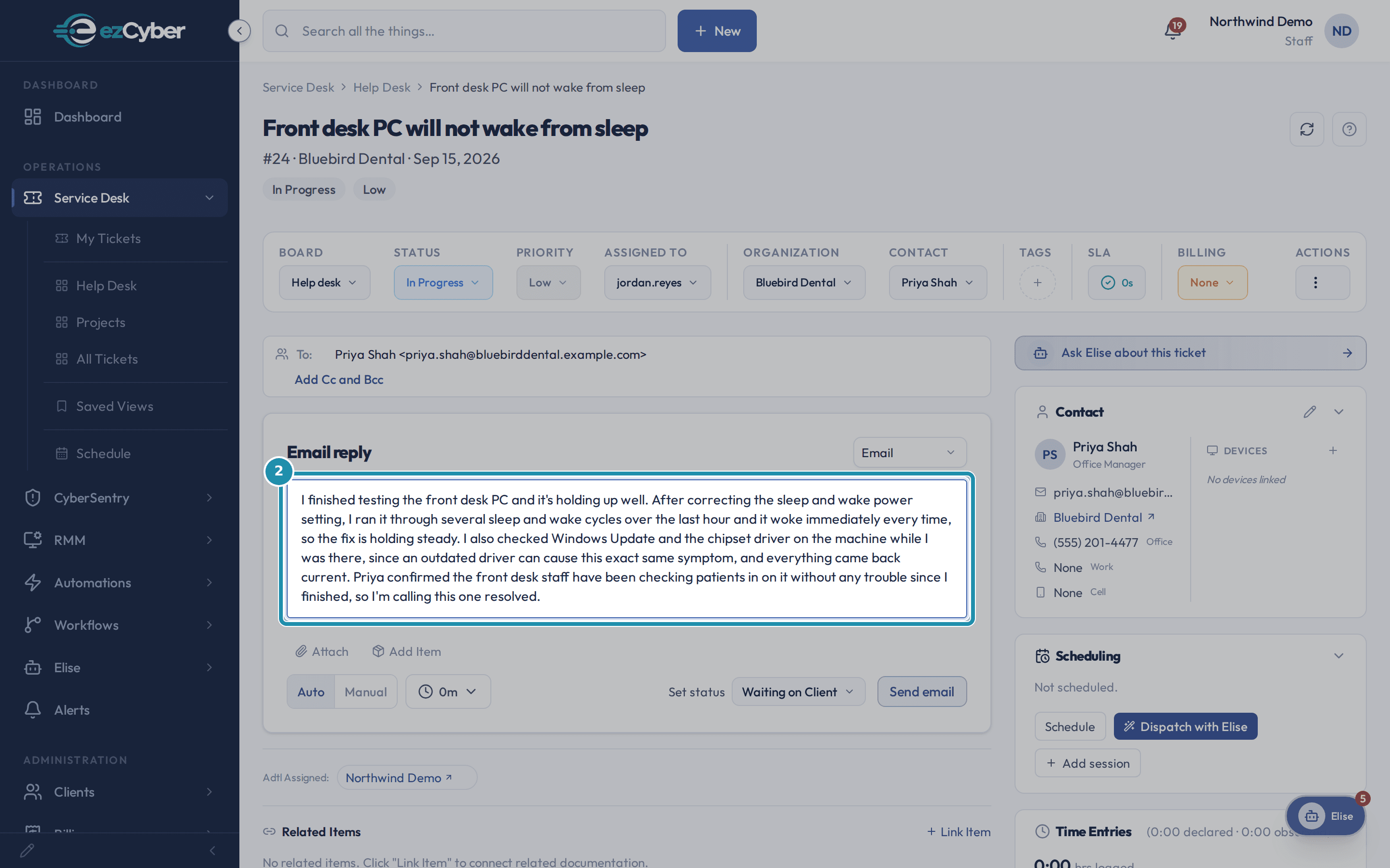 The reply composer with the drafted closing message about the sleep and wake power setting fix.