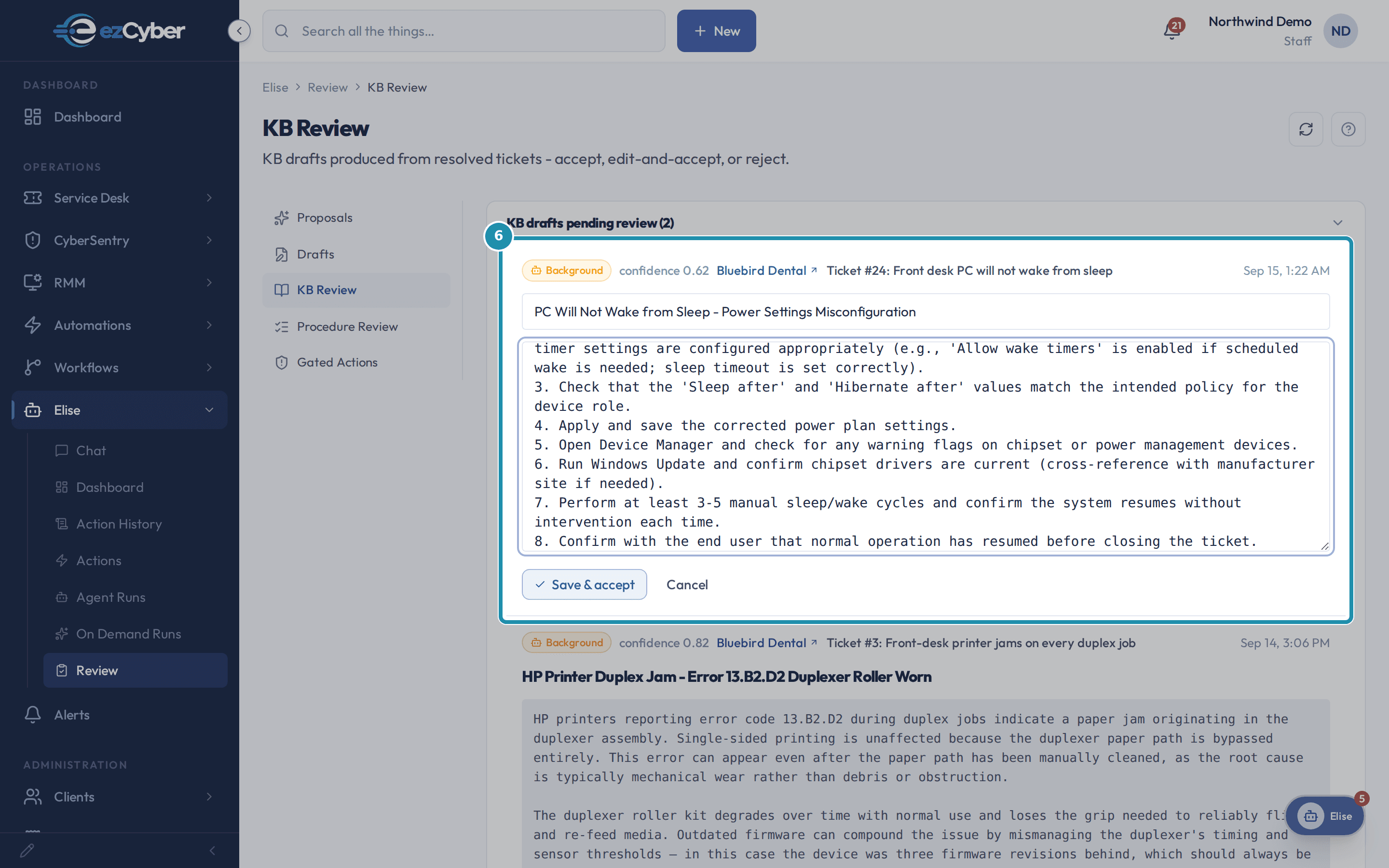 The KB draft in edit mode with the title and resolution steps editable, and the Save & accept button below.