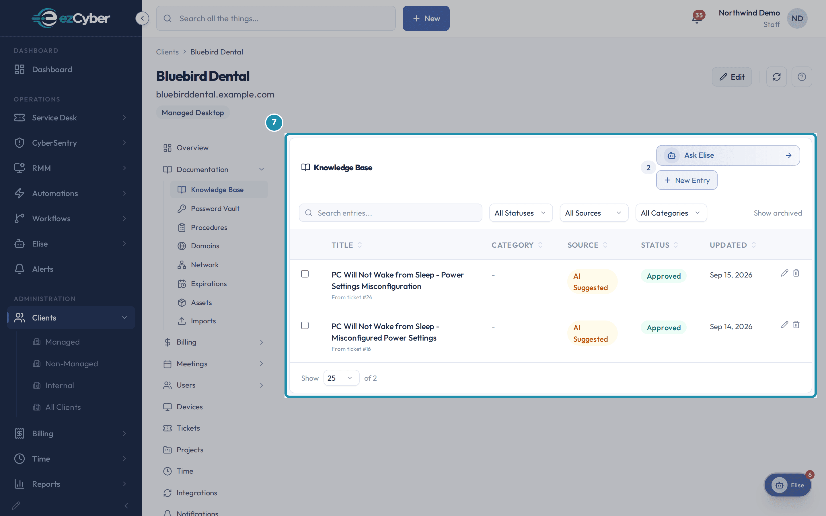 Bluebird Dental's client page and Knowledge Base list showing the new article, sourced from ticket #24, with status Approved.