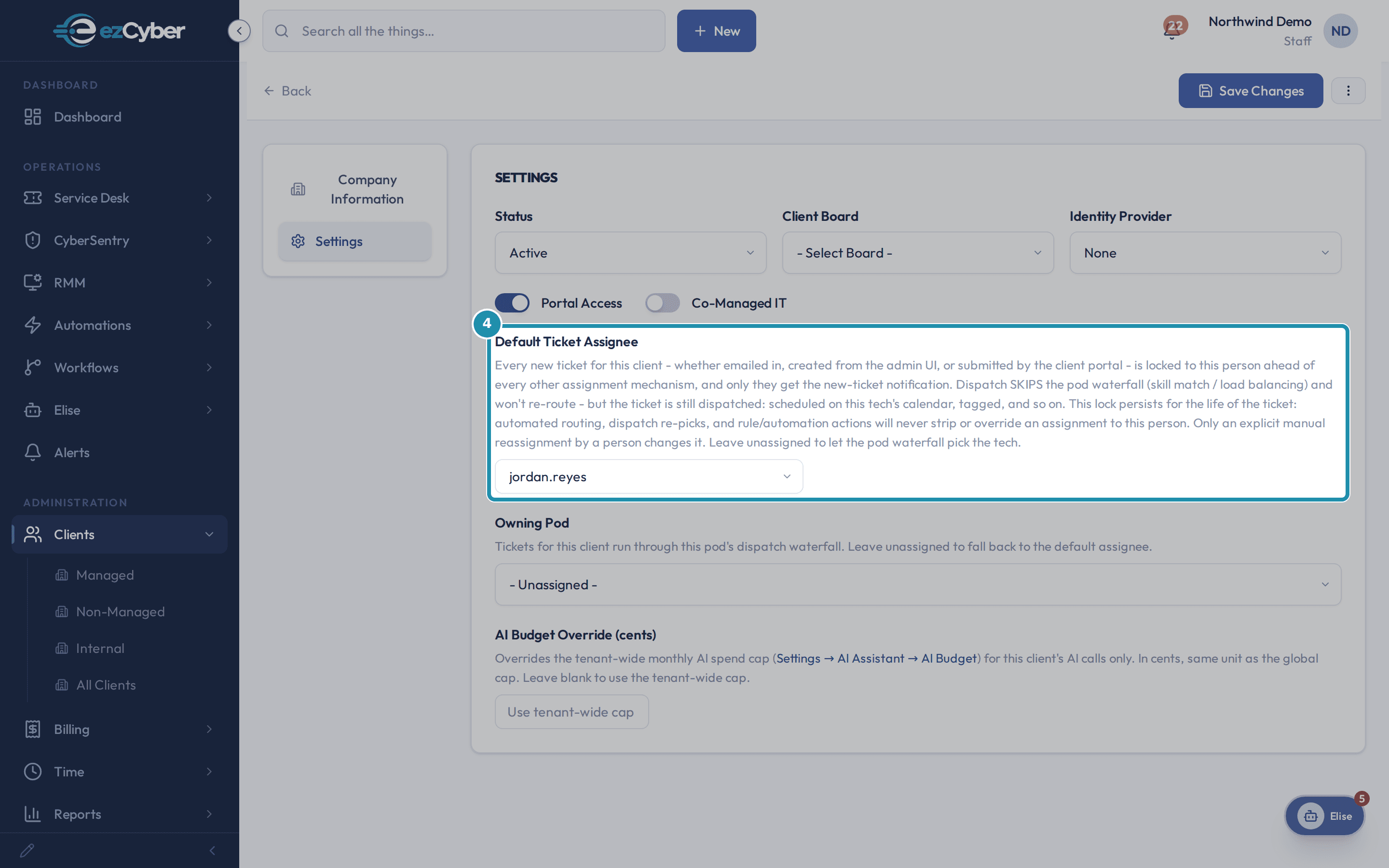 The client Settings panel with Default Ticket Assignee set to jordan.reyes and its full hint text visible.